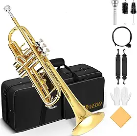 VEDO Conjunto Trompete Standard Bb Student - Trompete de metal Latão para estudantes com bocal rígido 7C e luvas, Estojo Rígido, adequado para iniciantes ou estudantes avançados, orquestras, dourado