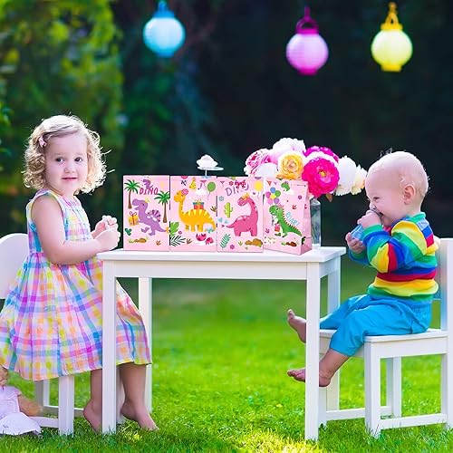 Miniatura 5 de Pajean 24 bolsas de fiesta de dinosaurios, bolsas de recuerdo de caramelos de dinosaurio con calcomanías, bolsas de regalo rosadas para niños y