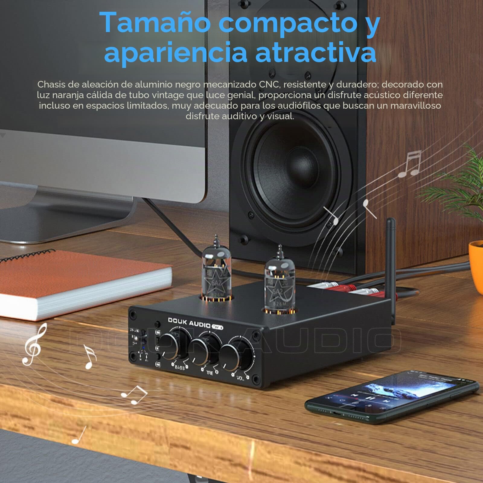 Douk Audio P6-mini HiFi Preamplificador de tubo Bluetooth Mini preamplificador de válvula estéreo Preamplificador de tubo con control de graves agudos para sistema de cine en casa