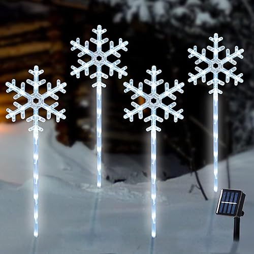 KPROE Paquete de 4 luces de camino de copo de nieve para decoración de Navidad luces solares de estaca con 8 modos de iluminación decoración de
