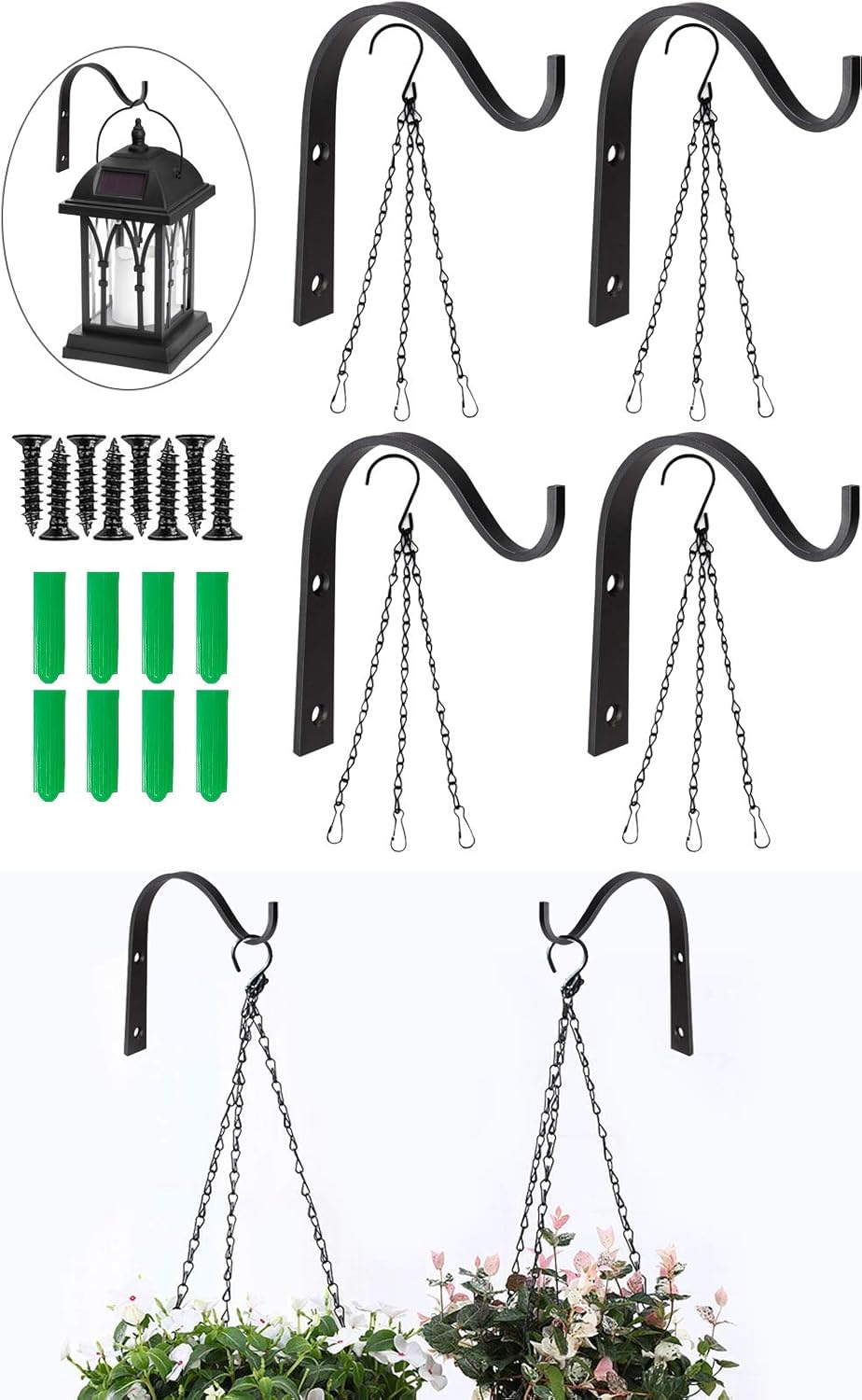 iSagax 4 Hanging Basket Brackets Outdoor Iron Wall Hooks Black Come w/ 4 Hanging Chains 16
