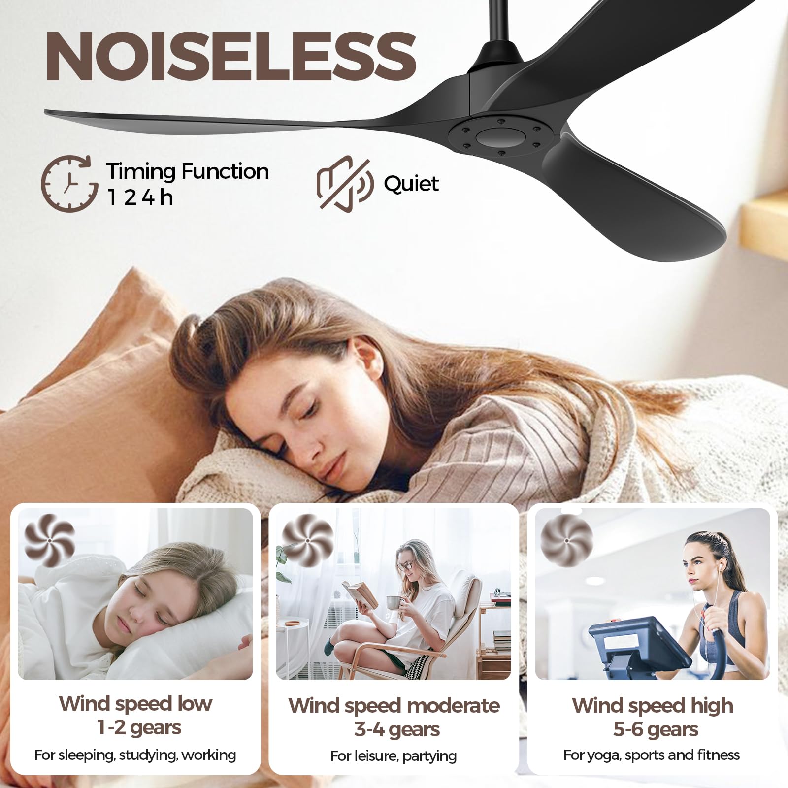 Obabala Ventilatore da soffitto nero per esterni, 132 cm, senza luce, con telecomando, 3 pale, motore DC reversibile a 6 velocità, moderno per cortili, soggiorno,