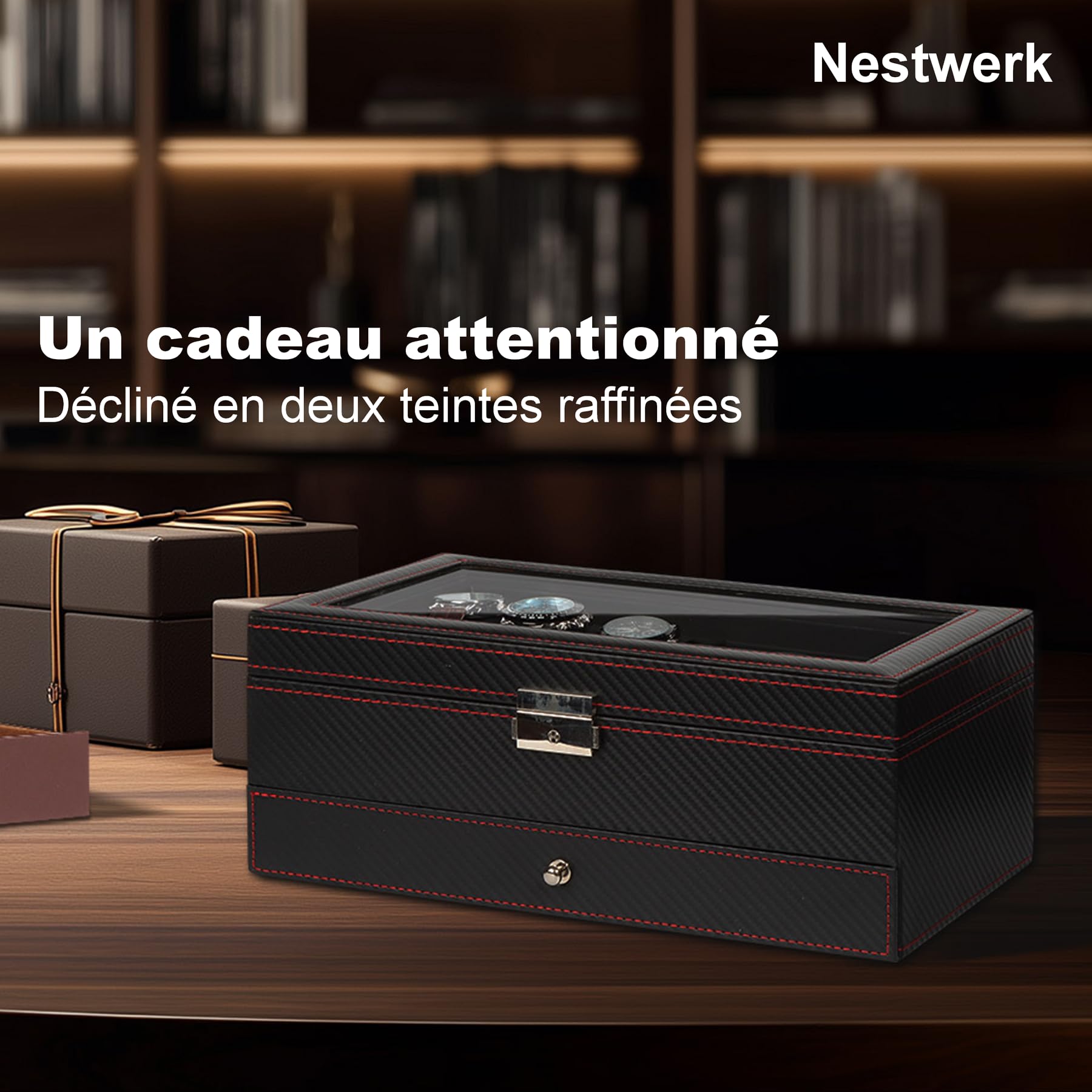 Boite a Bijoux Homme, Rangement Montres et Lunettes avec Grand Couvercle en Verre, 6 Emplacements et 2 Niveaux, Coffret Montre, Boîte à Montres avec Serrure, boite a montre homme, Idée Cadeau -Noir