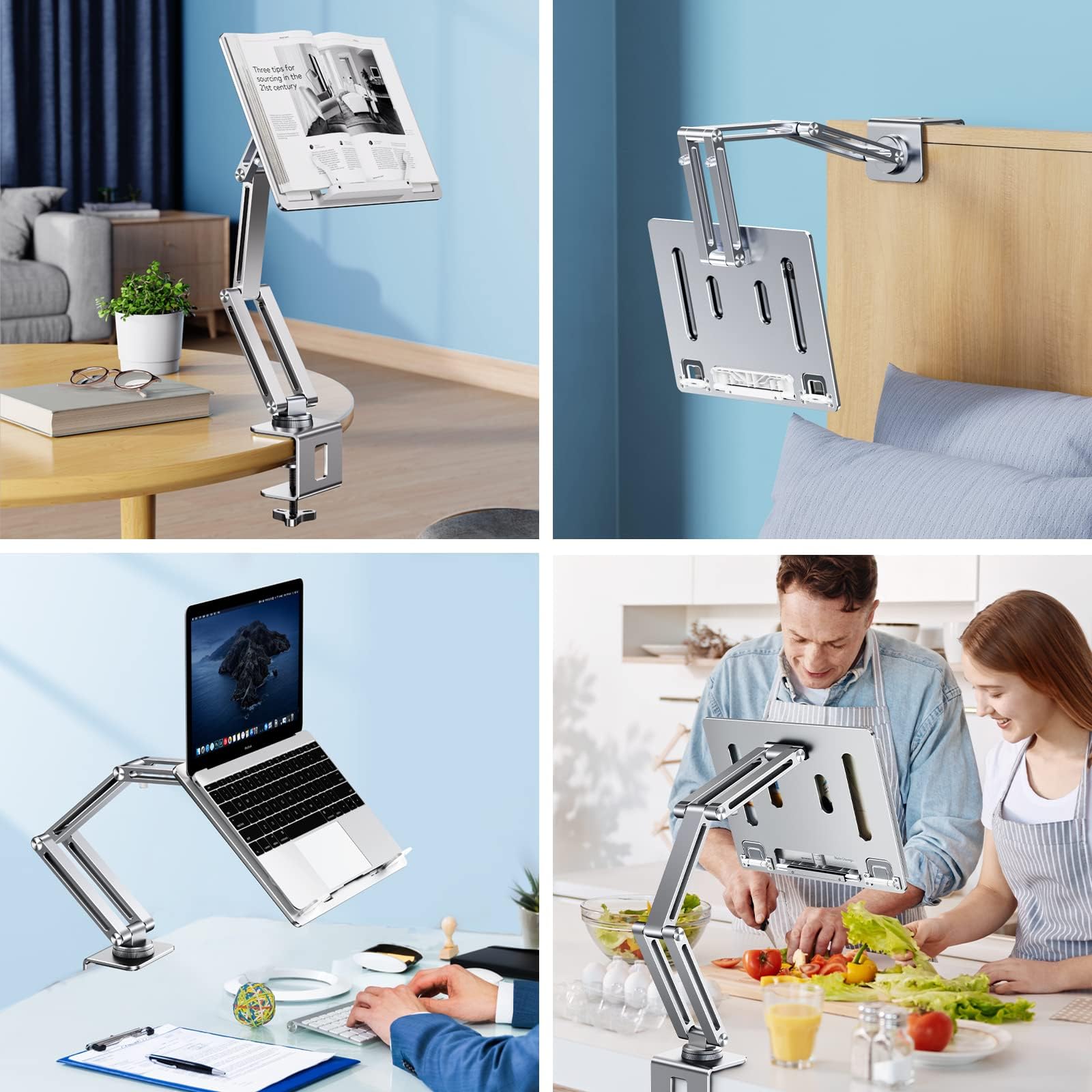 Tablet-Ständer für Schreibtisch, Aluminiumlegierung, Tablet-Halterung für iPad, 360 Grad drehbare Überkopfarmhalterung für Bett, Buchständer zum Lesen, kompatibel mit Tablets von 7 - 15,6 Zoll