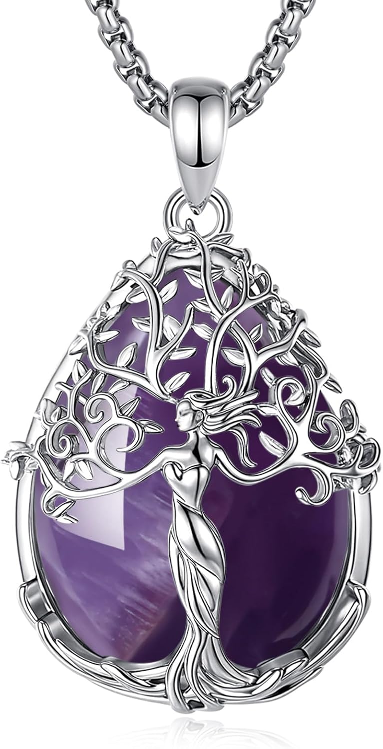 AEONSLOVE Tree of Life Necklace with Crystal for Women, Amethyst/Obsidian/Turquoise/Moonstone/Malachite Crystal Pendant Necklaces for Ladies