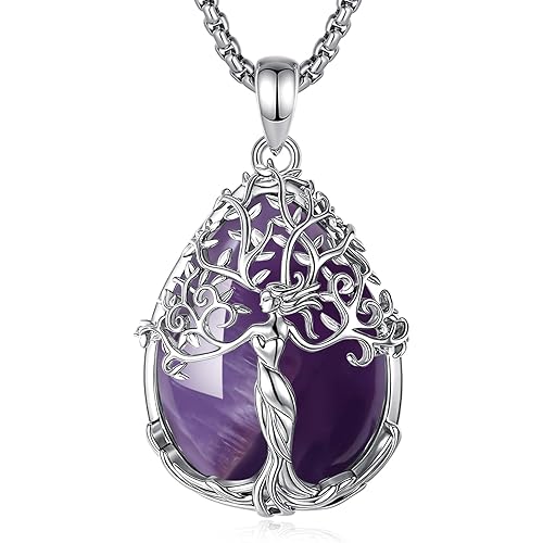 AEONSLOVE Tree of Life Necklace with Crystal for Women, Amethyst/Obsidian/Turquoise/Moonstone/Malachite Crystal Pendant Necklaces for Ladies