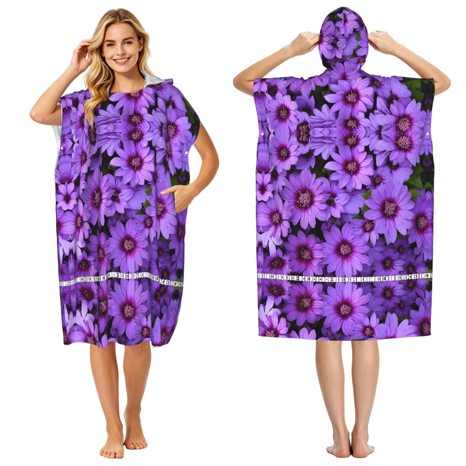 Peignoir en tissu éponge léger anti-froid : poncho à capuche fleur de lys violet