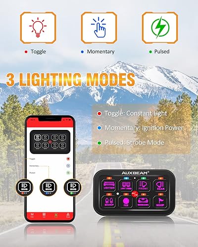 Miniatura 2 de Auxbeam Panel de interruptor Bluetooth AR-800 RGB de 8 bandas con adhesivo para panel de interruptor, panel de interruptor pulsado momentáneo de 12