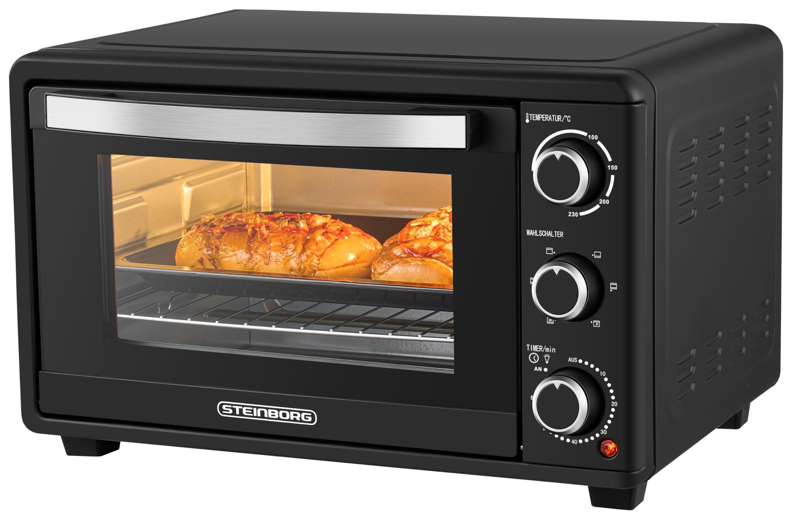 Steinborg Mini Backofen mit Umluft 25 Liter Elektrischer Pizzaofen Minibackofen Miniofen 3in1 Backofen Krümelblech Ober-/Unterhitze Energiesparend 100-230°C 60 Min Timer