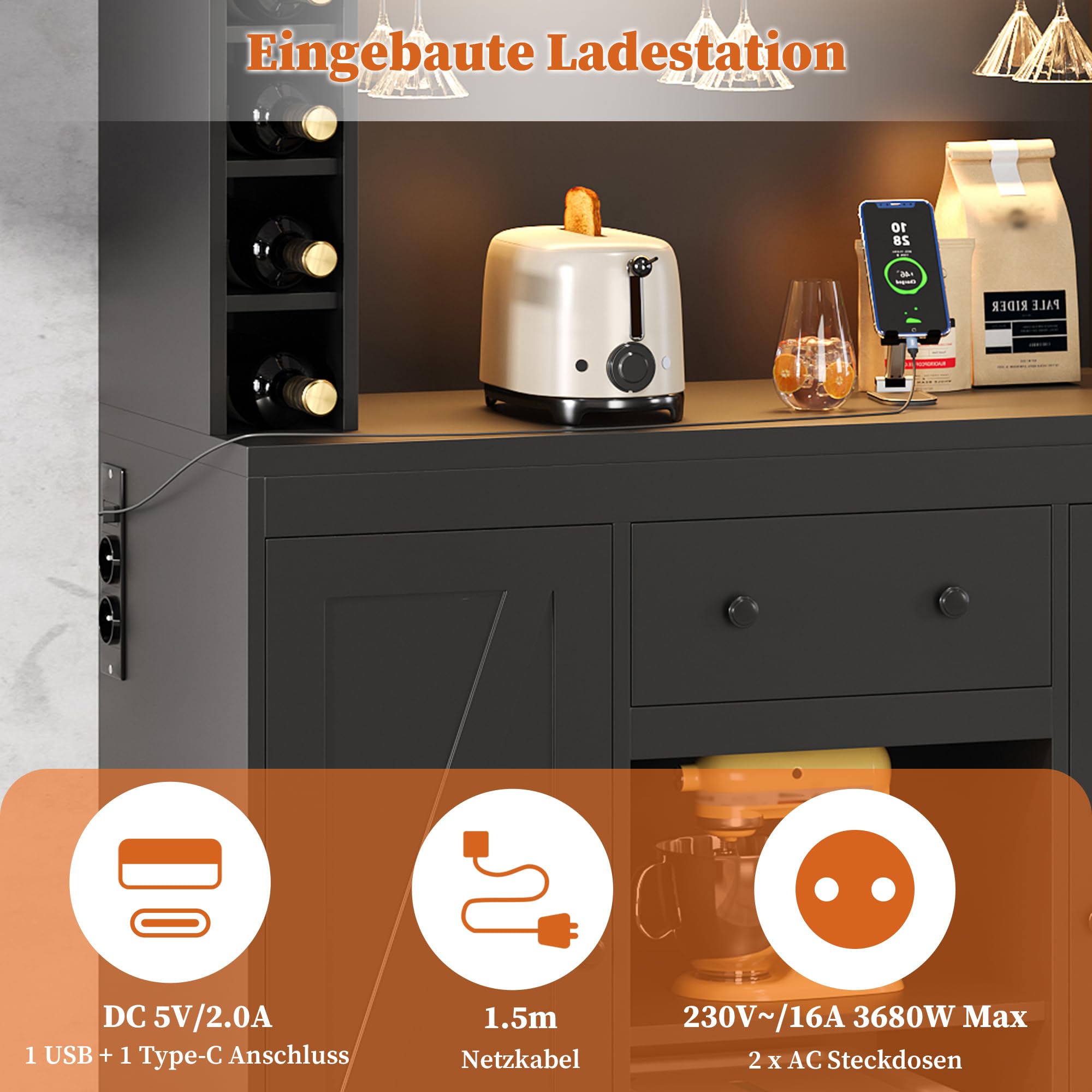 Armario de cocina con encimera, armario buffet con iluminación LED, enchufes, armario alto con soporte para copas de vino y compartimentos para botellas de vino, armario alto para comedor