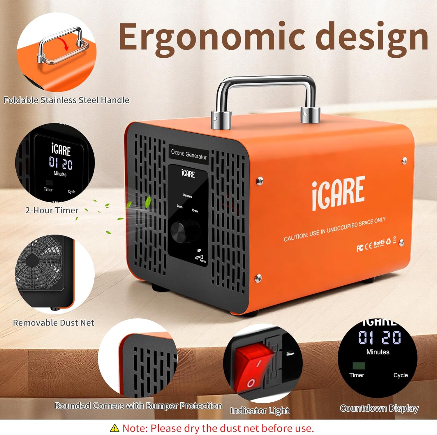Ozone Generator 60,000mg/h, High Capacity Ozone Machine with 120 Min Timer & Cycle Mode, Ozone Odor Eliminator for Home, Car, Pet, Smoke, Industrial, Air Purifier for Large Spaces (3200 Sq.Ft)