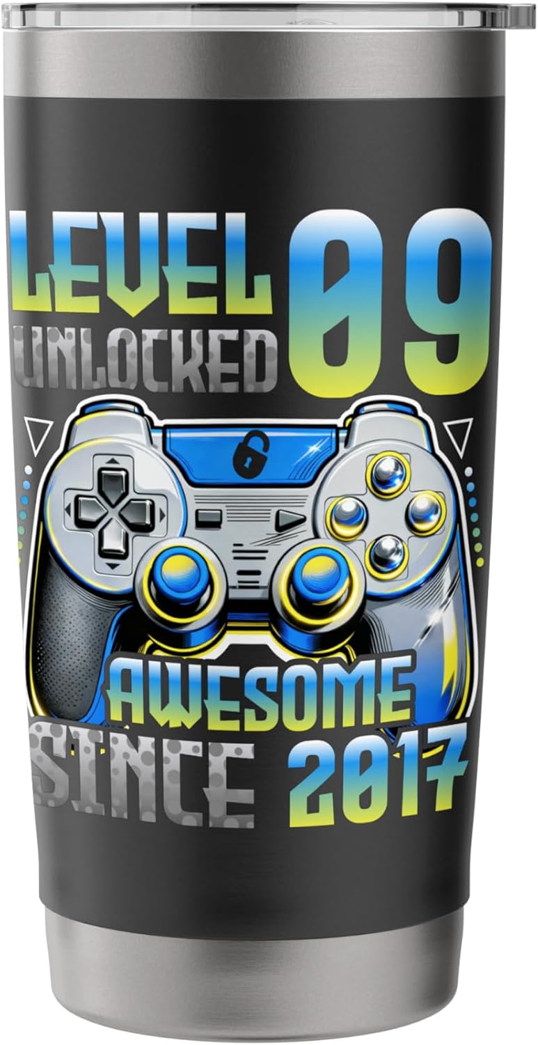 9 year old video gamer Level 9 Unlocked born 2017 birthday Stainless Steel Insulated Tumbler image 3