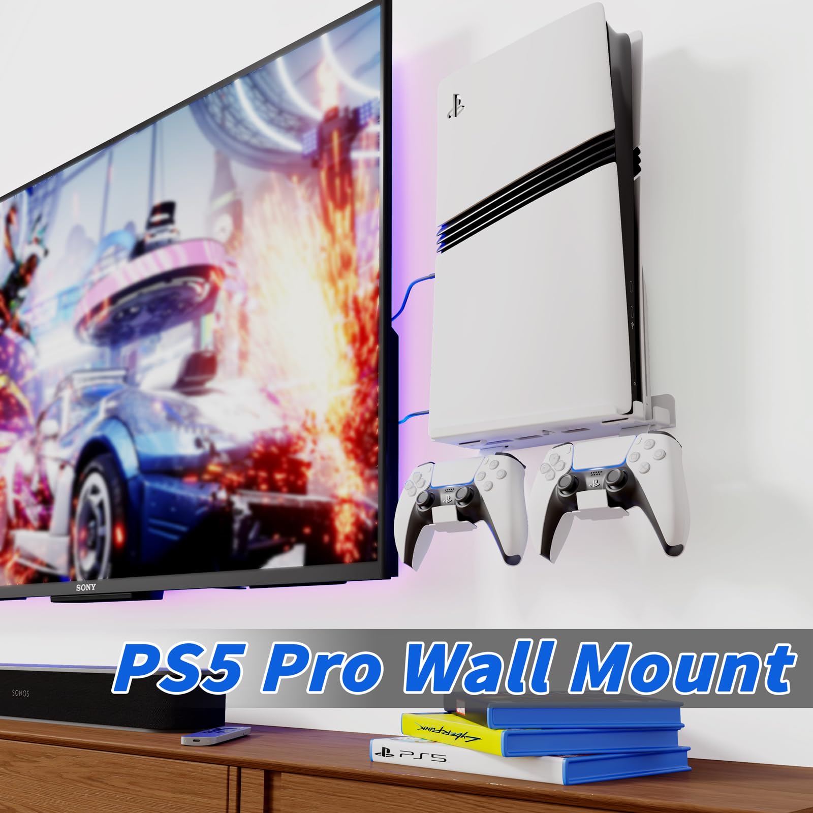 sciuU Supporto da Parete per PS5 Pro / PS5 Slim Console & Controller - Staffa da Muro in Acciaio da 2mm compatibile con PlayStation 5 Pro/Slim Disco/Digitale Edizione + 2 Porta Controller PS5 /Edge