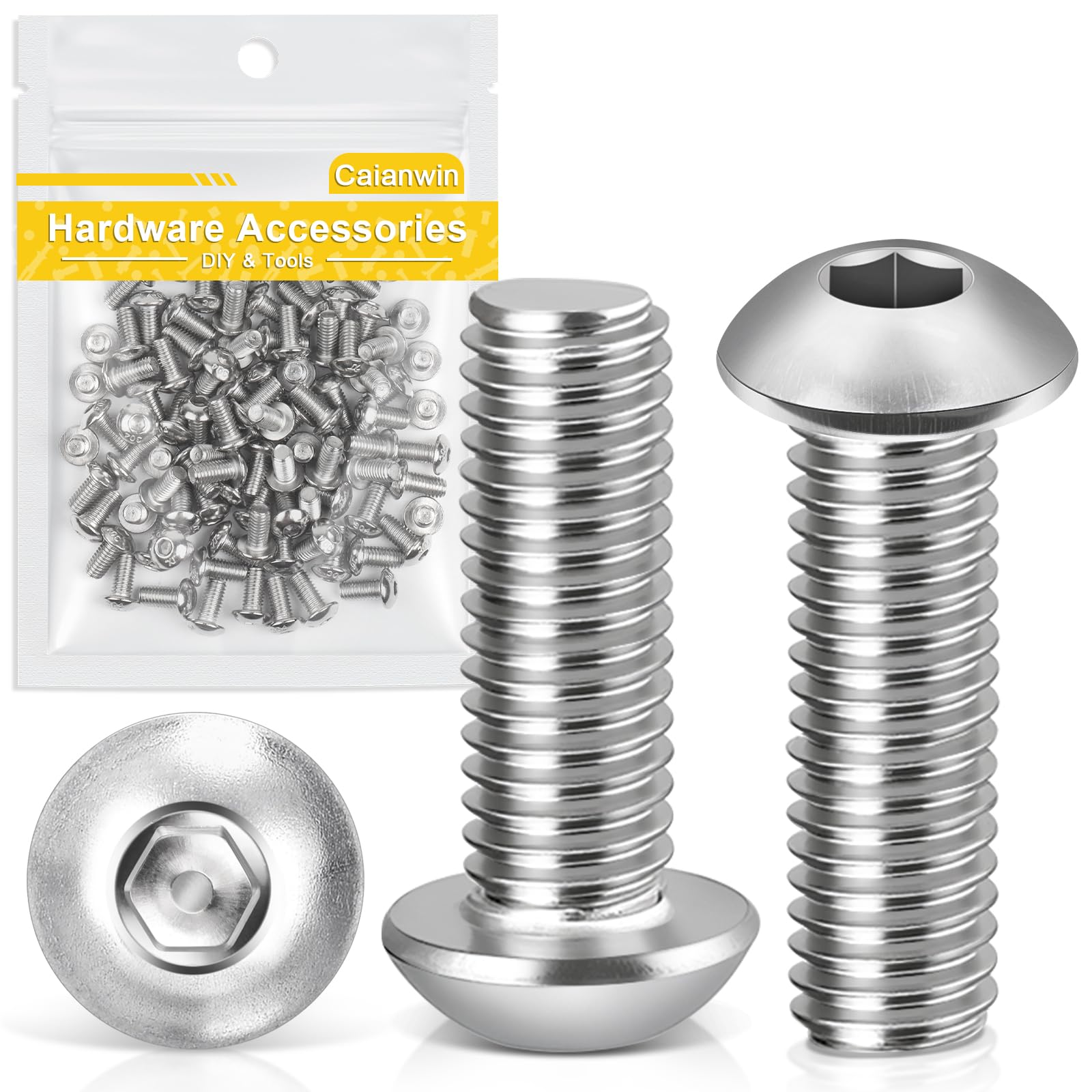 Caianwin Śruby z łbem soczewkowym M5 x 16 mm, 100 sztuk, z łbem sześciokątnym 304, stal nierdzewna, płaskie, okrągłe, do montażu mebli, obszarów przemysłowych
