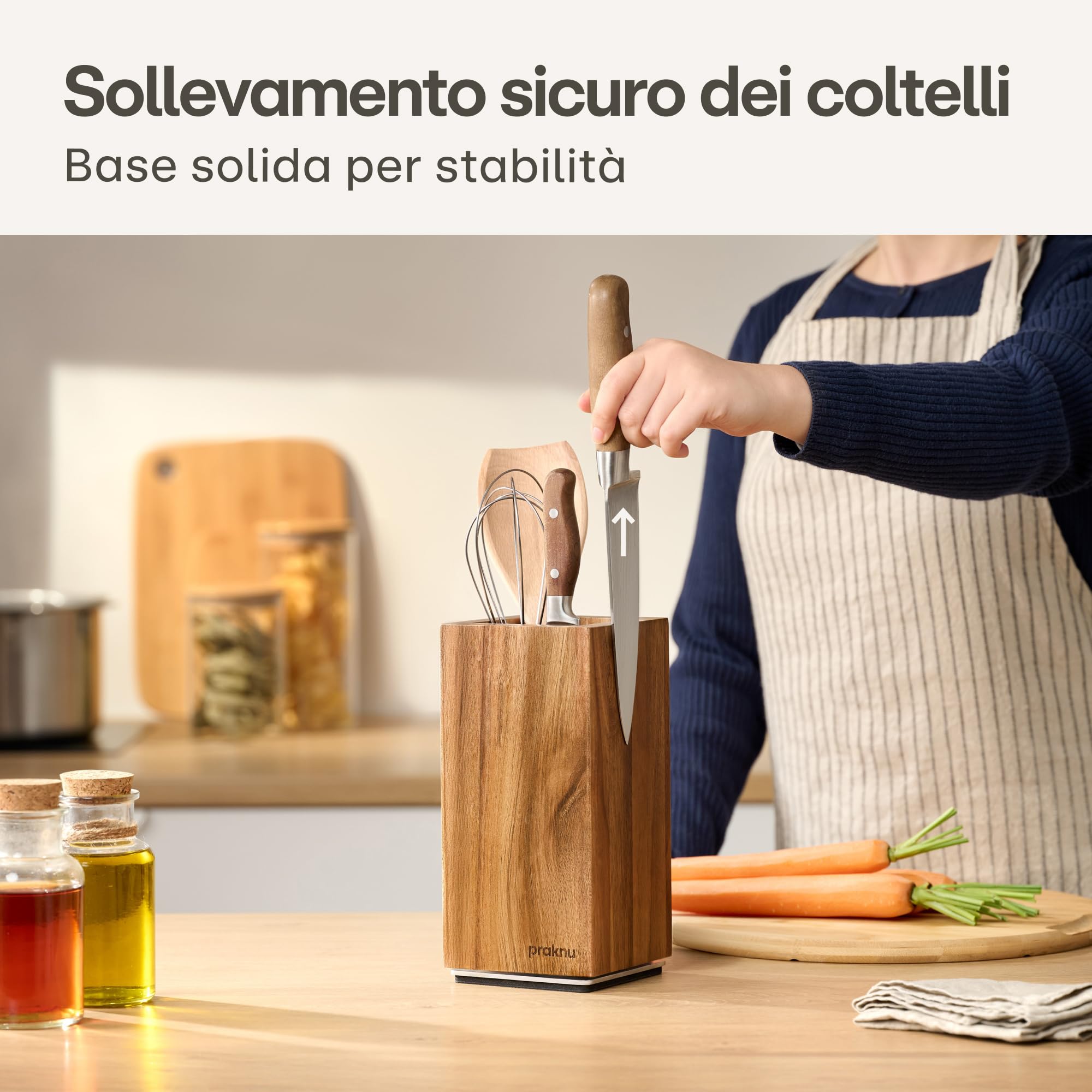 Praknu Ceppo Coltelli Magnetico - Girevole 360° Senza Coltelli - FSC® Legno di Acacia con Spazio per Utensili da Cucina - Forte Magnete su Entrambi i Lati - Antiscivolo