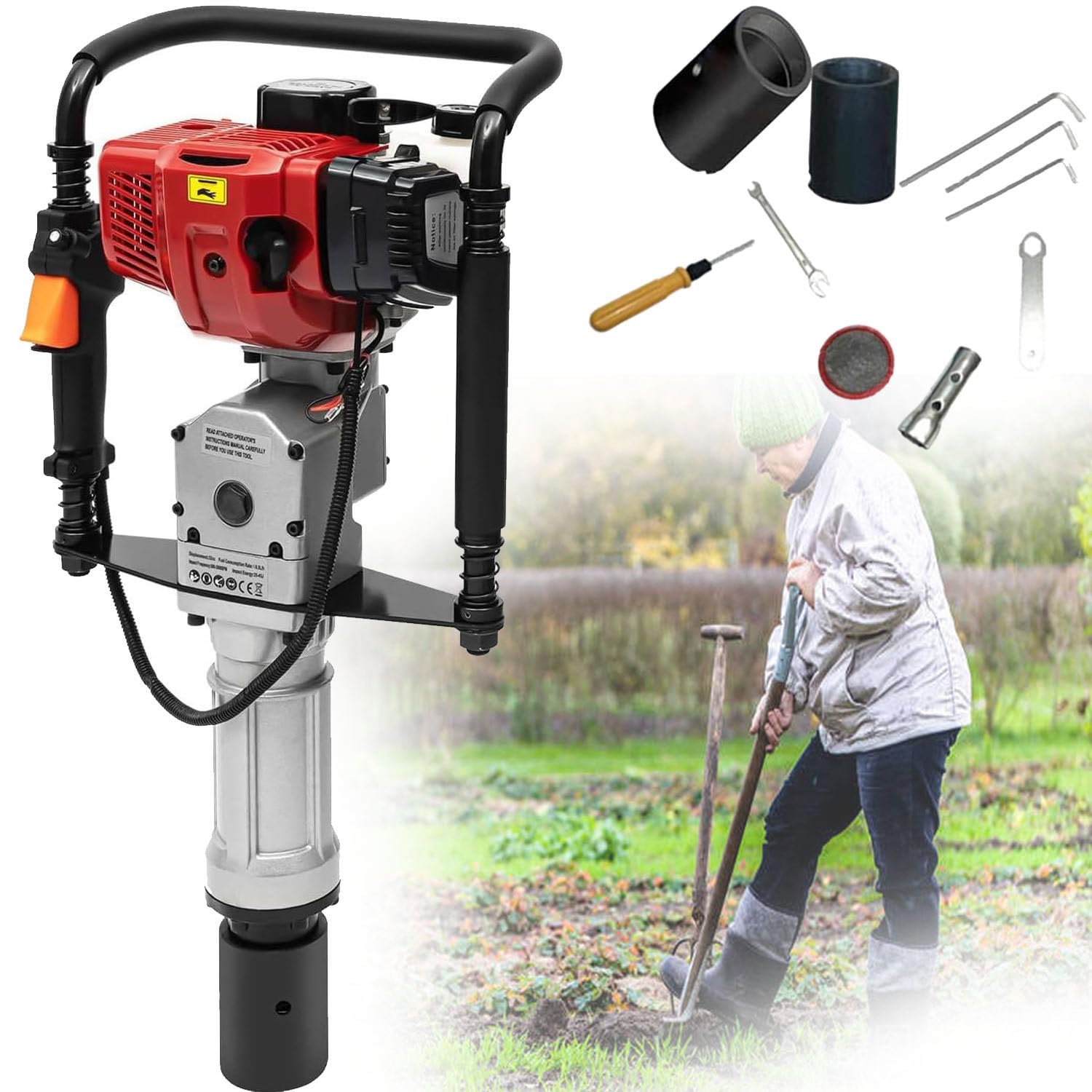 YANGYMM 2 Stroke Gas Powered T Post Driver, 52cc Petrol Fence Post Driver Engine Pile Digger, Fence Farm Hammer Fence Piling Gasoline Engine, for Fencing Star Pickets Posts