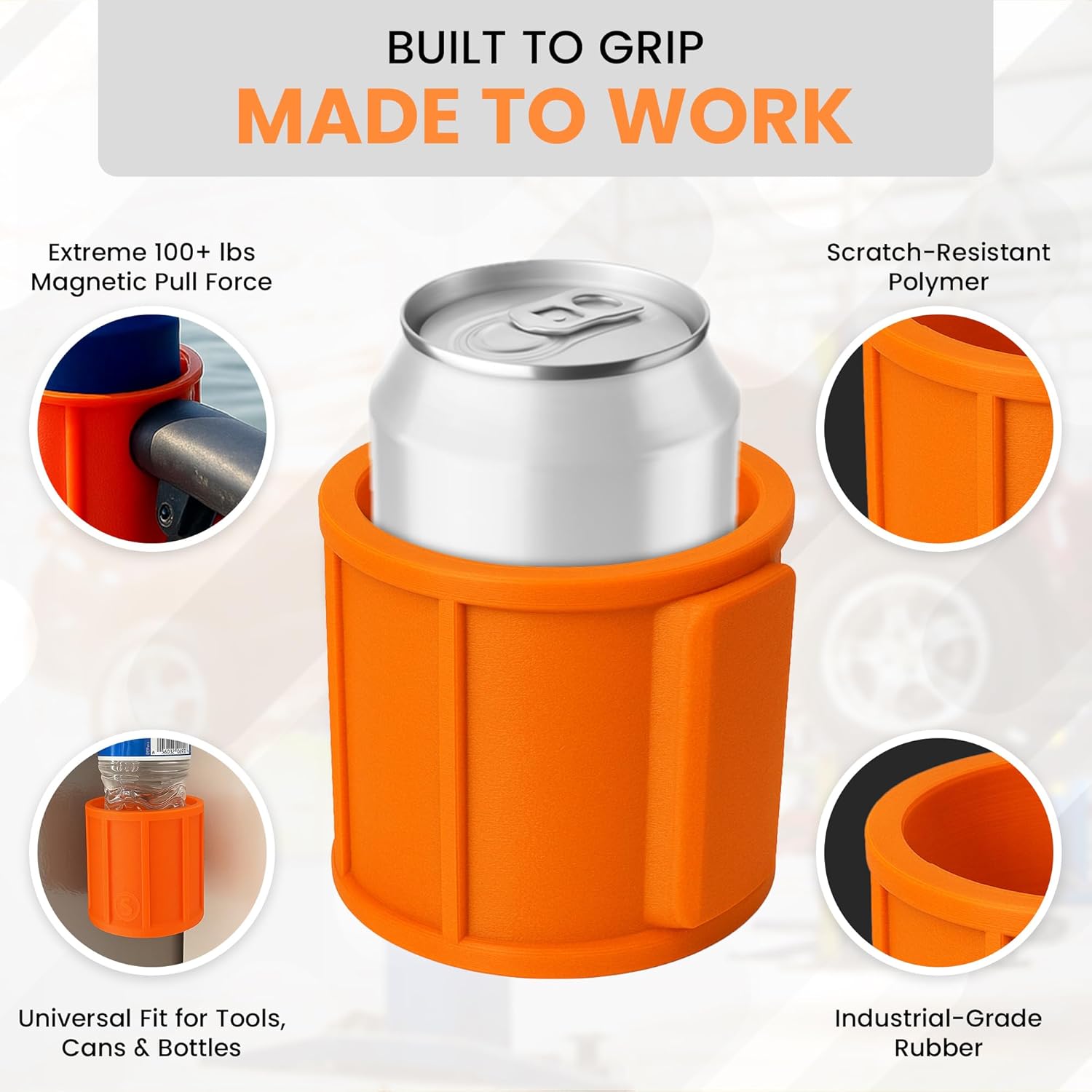 SoftJaw Slim Magnetic Cupholder | Heavy-Duty Rubber Tool Holder for Water Bottles & Cans | Scratch-Resistant & Durable for Trucks, Equipment, Worksites, Tailgating & More (Orange, Slim)