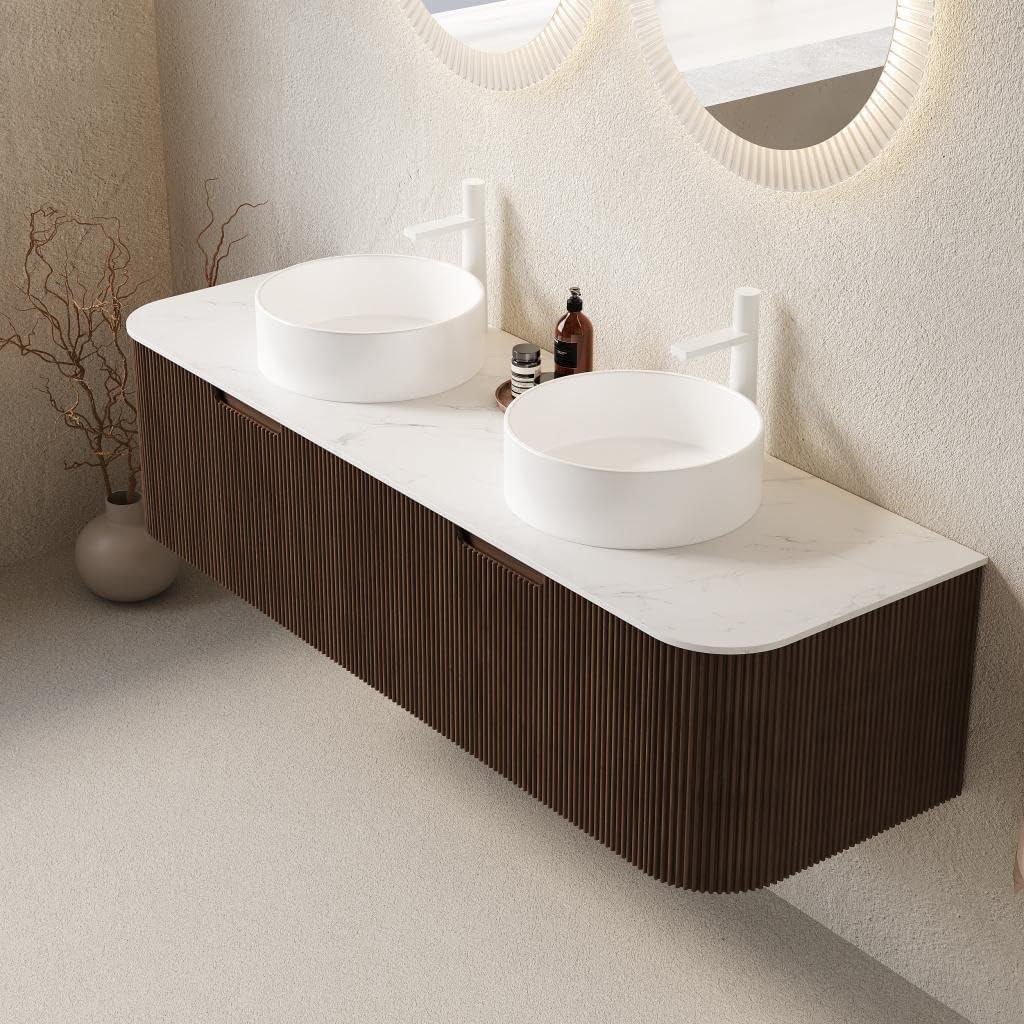 Floating Bathroom Vanity with Sink 60 Inch, Wall-Mounted Plywood Bathroom Vanity Cabinet with Drawer, Faux Marble Countertop & White Round Ceramic Basin, Pre-Assembled, Walnut Wood Grain