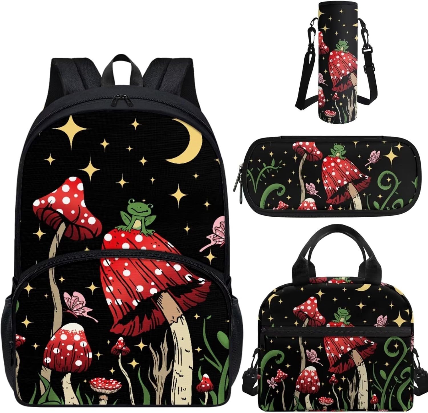 Mushroom Kids Backpack for School Girls 4th Grade Preschool Elementary Middle School Bag Student Bookbag Cute School Supplies Set for Kids Teens with Lunch Bag Pencil Case 4 Piece