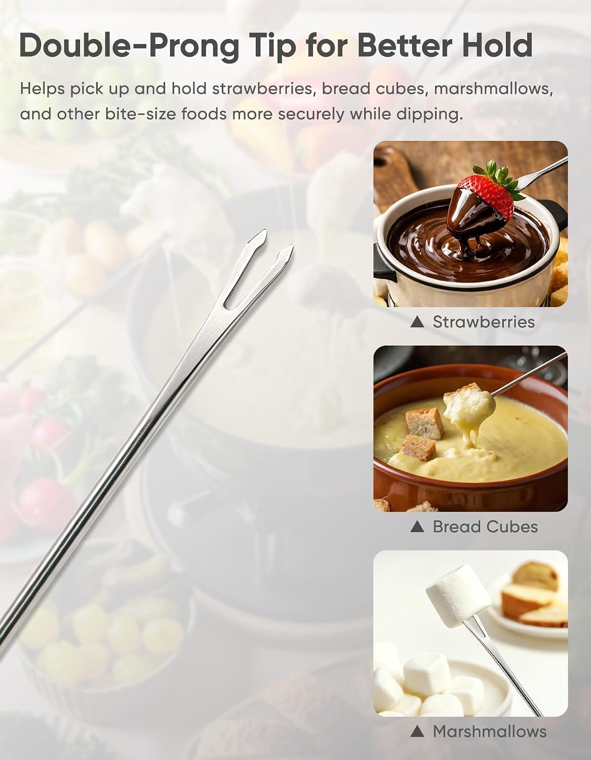 Fondue Forks, 12PCS 9.45" Stainless Steel Double Prong, Color Coded | 12 forks with 6 colors repeated twice for parties, cheese fondue, chocolate fountain, fruit, and dessert dipping.
