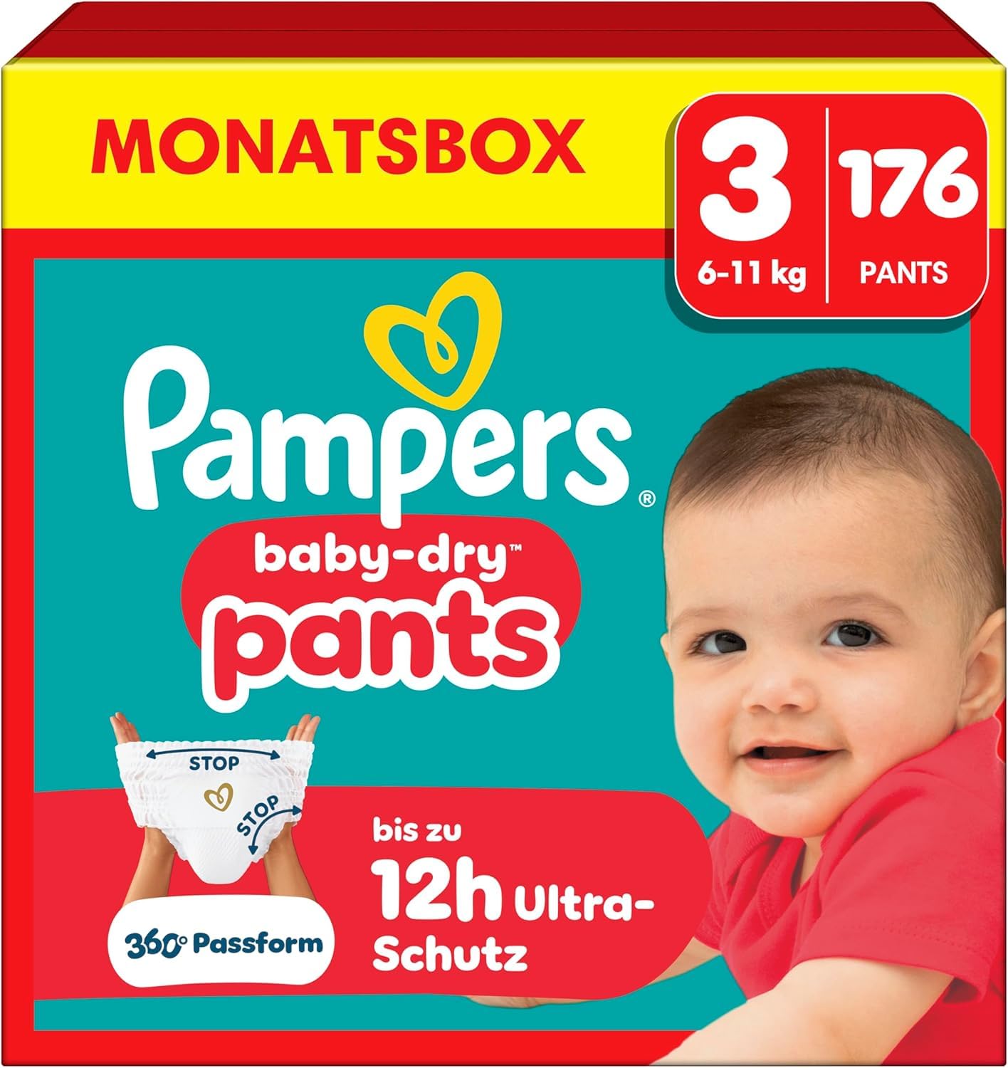 Pampers Baby-Dry Pants Größe 3, 176 Stück, 6kg-11kg, 360° auslaufsichere Passform für Tag und Nacht