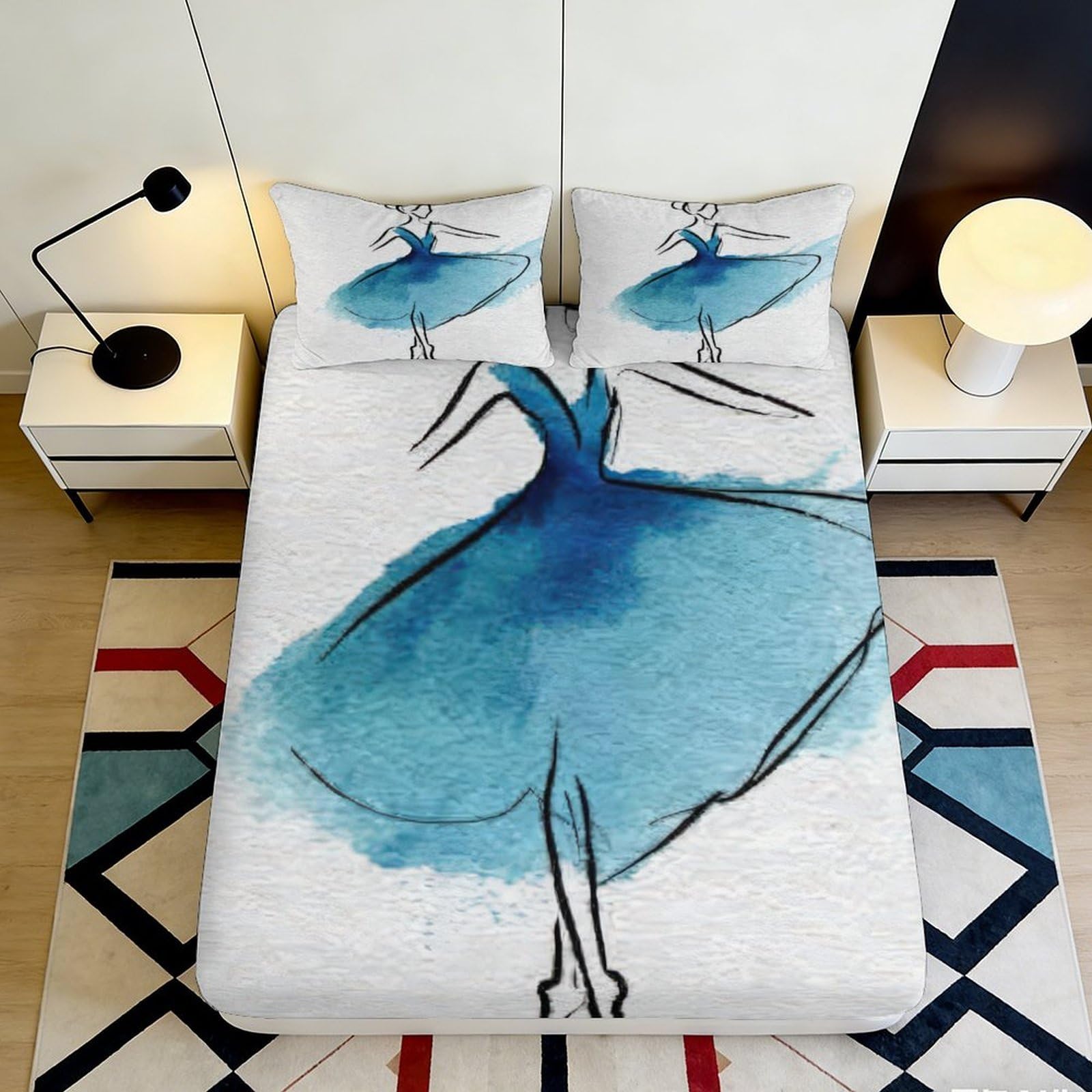 3D Printed Blue Ballet Dancer Fitted Sheet Microfiber Soft Modern Art Mattress Cover for Bedroom Guest Room Decor 90x200x25cm
