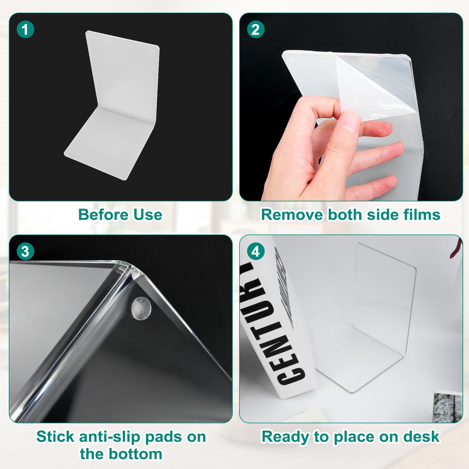 10 Stück Transparenten Buchstützen Acryl Set mit 50 Anti-Rutsch-Pad, 3mm Verdickt Buchstütze Buchstütze, Bücherständer für Schule, Büro, Zuhause, Bibliothek
