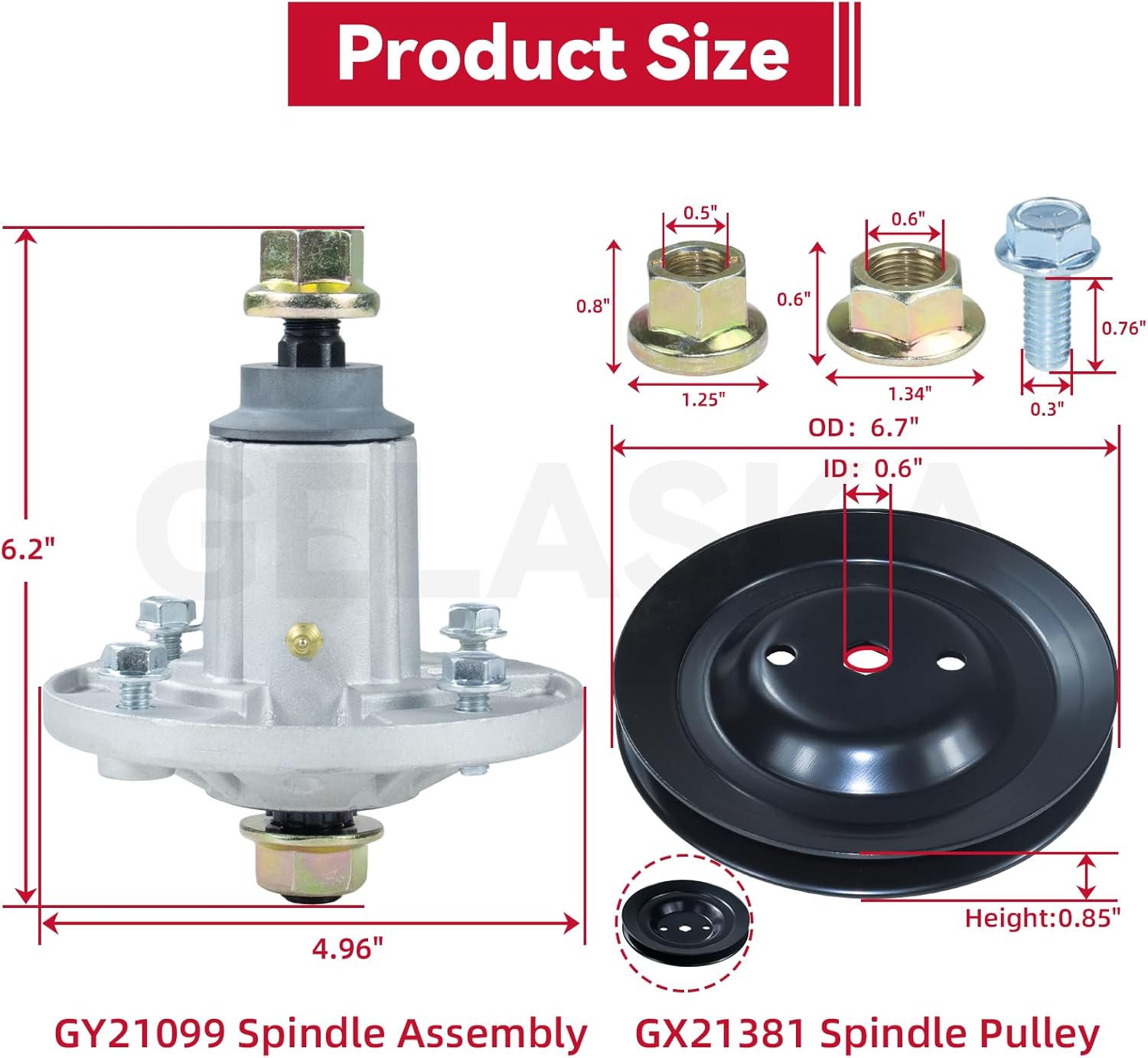 GELASKA GY21099 Spindle Assembly with GX21381 Spindle Pulley Replaces GY20867, GY20592 for John Deere 190C, D170, E180, G110, LA150, LA175, S180 100 Series Tractors