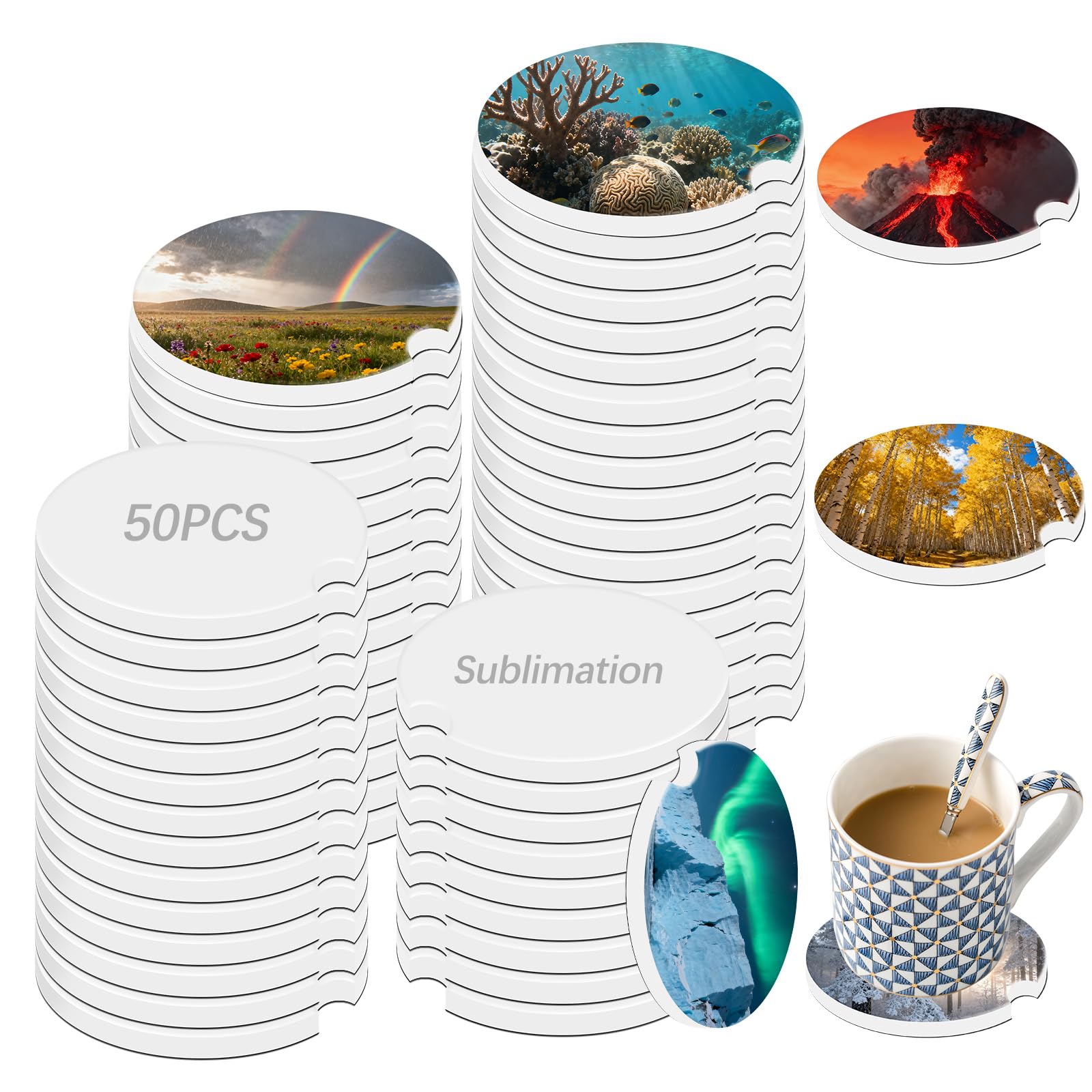 50 Pcs Ceramic Bulk Sublimation Blanks Car Coasters,Car Cup Holder Insert,with Finger Notch Notch for Easy Removal Absorbent Auto Cup Holders Keep