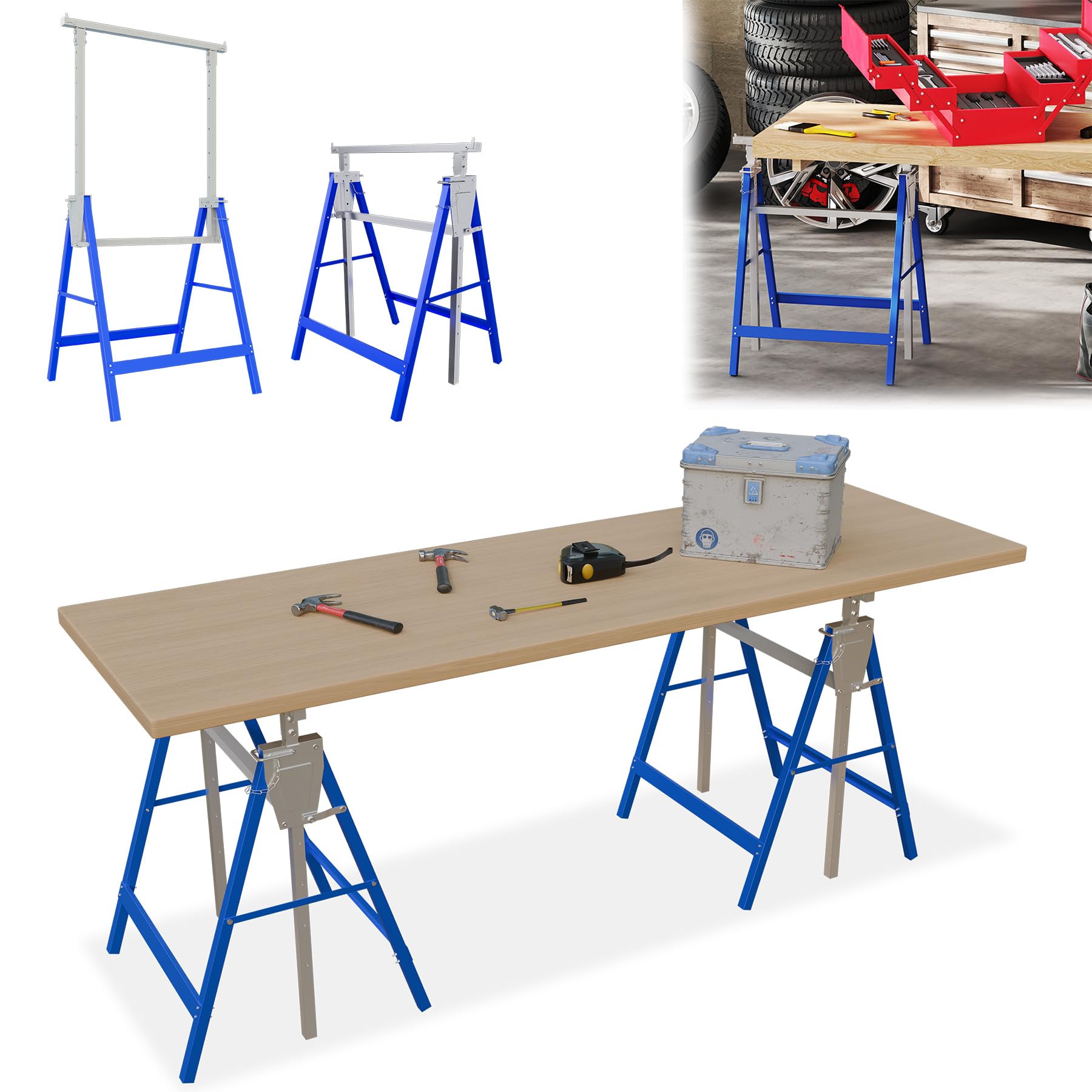 LARS360 Caballetes de trabajo ajustables y plegables, 2 unidades | Capacidad de carga de 150 kg, pies de goma antideslizantes, 7 posiciones, construcción estable, para taller, garaje y obras