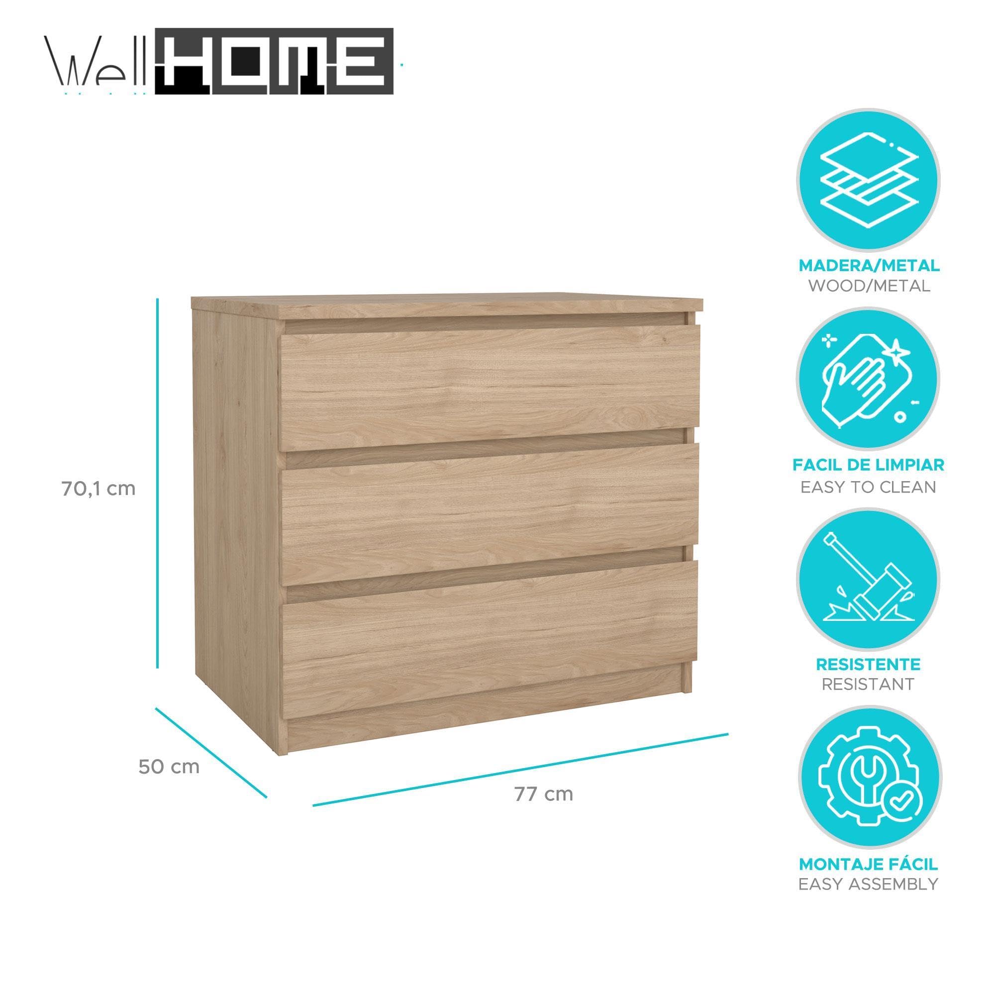 Cómoda, Cajonera Dormitorio SIL Oak con 3 Cajones, Color Jackson Hickory, 77 x 50 x 71 cm