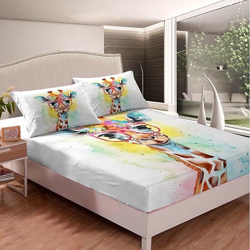 Miniatura 3 de Sábana bajera ajustable de jirafa de acuarela para niños, tamaño individual, juego de ropa de cama de animales de dibujos animados, decoración de