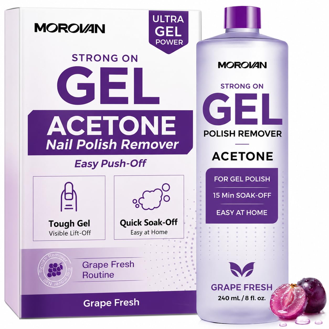 MOROVAN Acetone Gel Polish Remover: Soak Off Gel Nail Polish Remover Professional with Grape Seed Oil - Ultra Strong Liquid for Clean Removal Gel Polish & Nail Adhesive Salon at home 8 Fl Oz