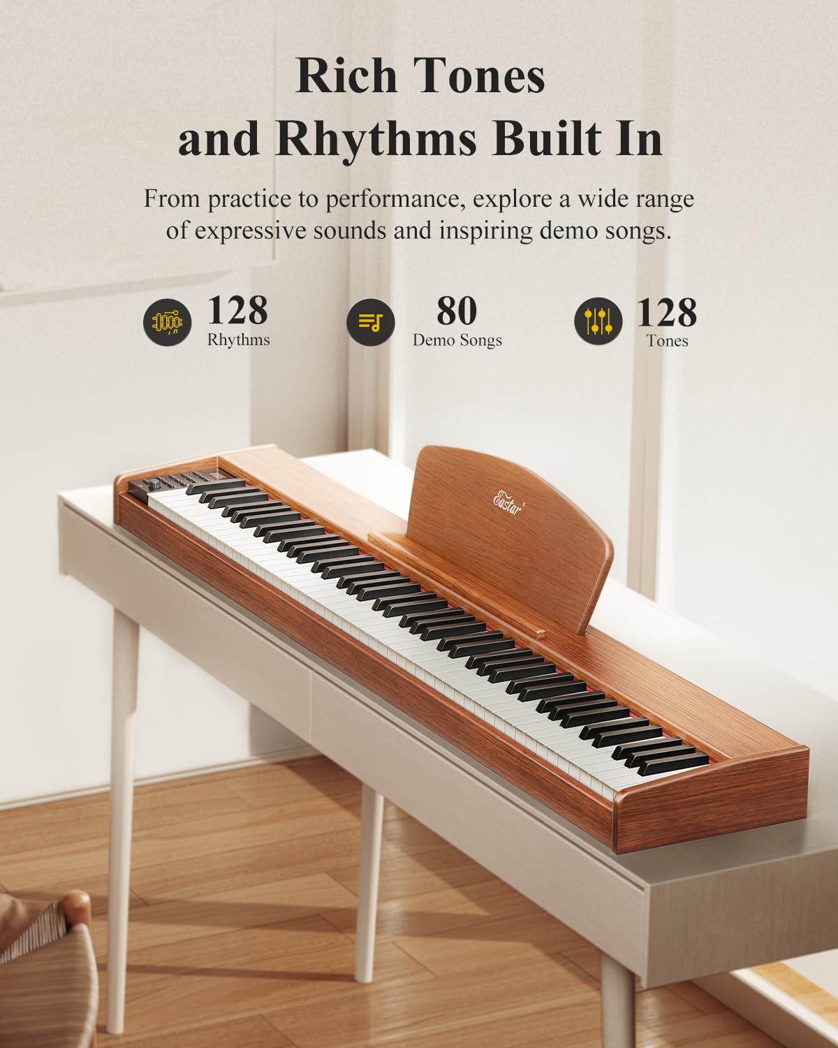 Eastar EP-80 Clavier Piano 88 Touches, Clavier Électrique Pleine Taille avec Touches Sensibles à la Vélocité, Ensemble Piano Numérique Portable pour Débutants avec Support, Pédale et Casque, Marron