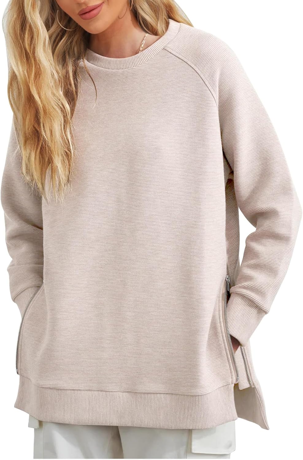 Fazortev Women's Oversized Sweatshirts Long Sleeve Crew Neck Ribbed Pullover Loose Side Zipper Tunic Tops