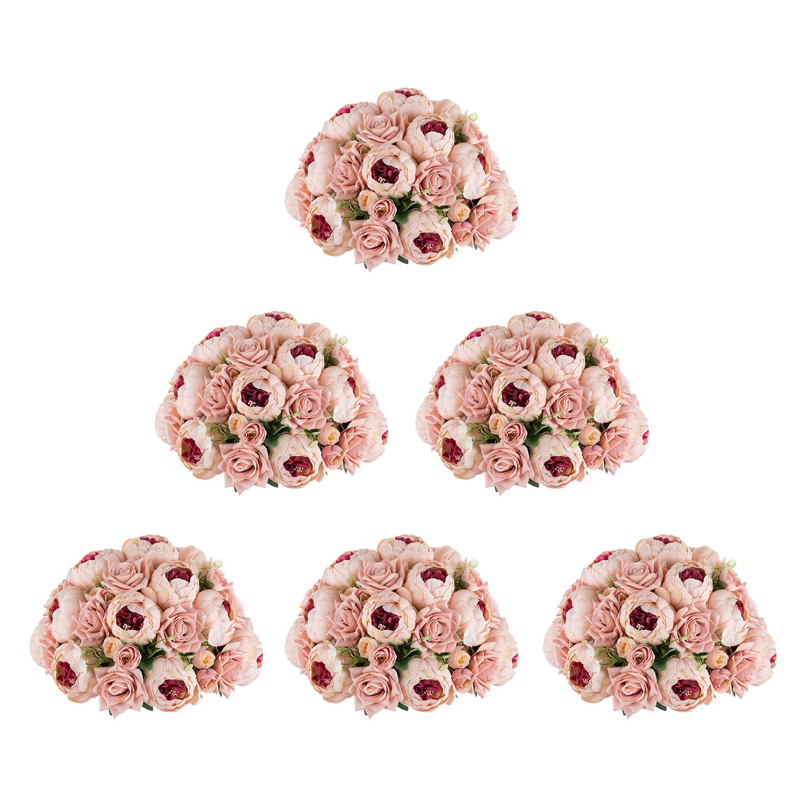 BLOSMON Artificial Flowers Balls Wedding Centerpieces 6 Pcs 13.3" Blush Pink Fake Peonies Center Pieces Decoration for Table Kissing Ball Floral Arrangements, Base with Faux Peony Party Home Decor