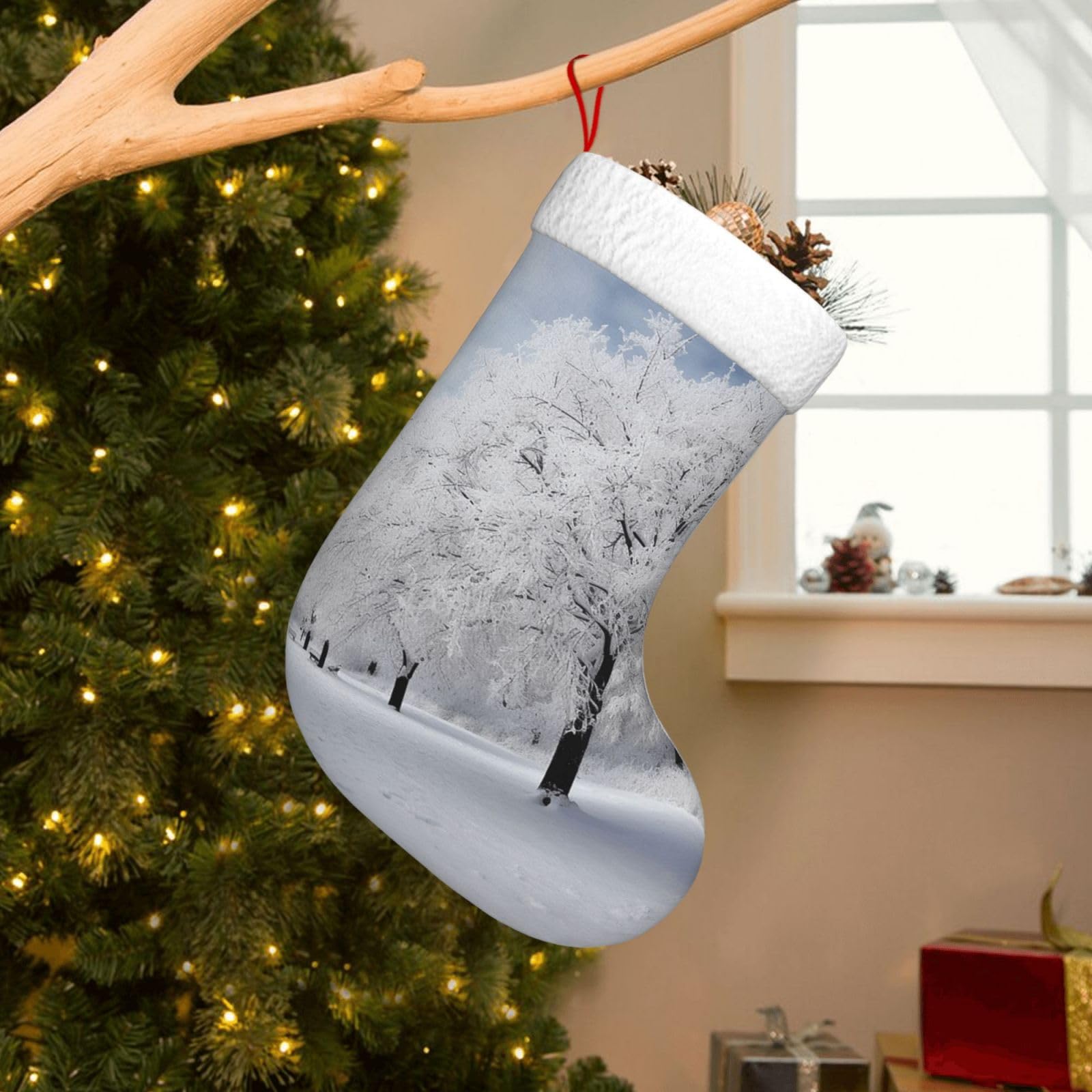 Velvet Christmas Stockings 17.7 Inch, White Snow Tree Xmas Stocking with Soft Cuff,Classic Personalized Christmas Tree Decoration for Family Holiday New Year Party Supplies