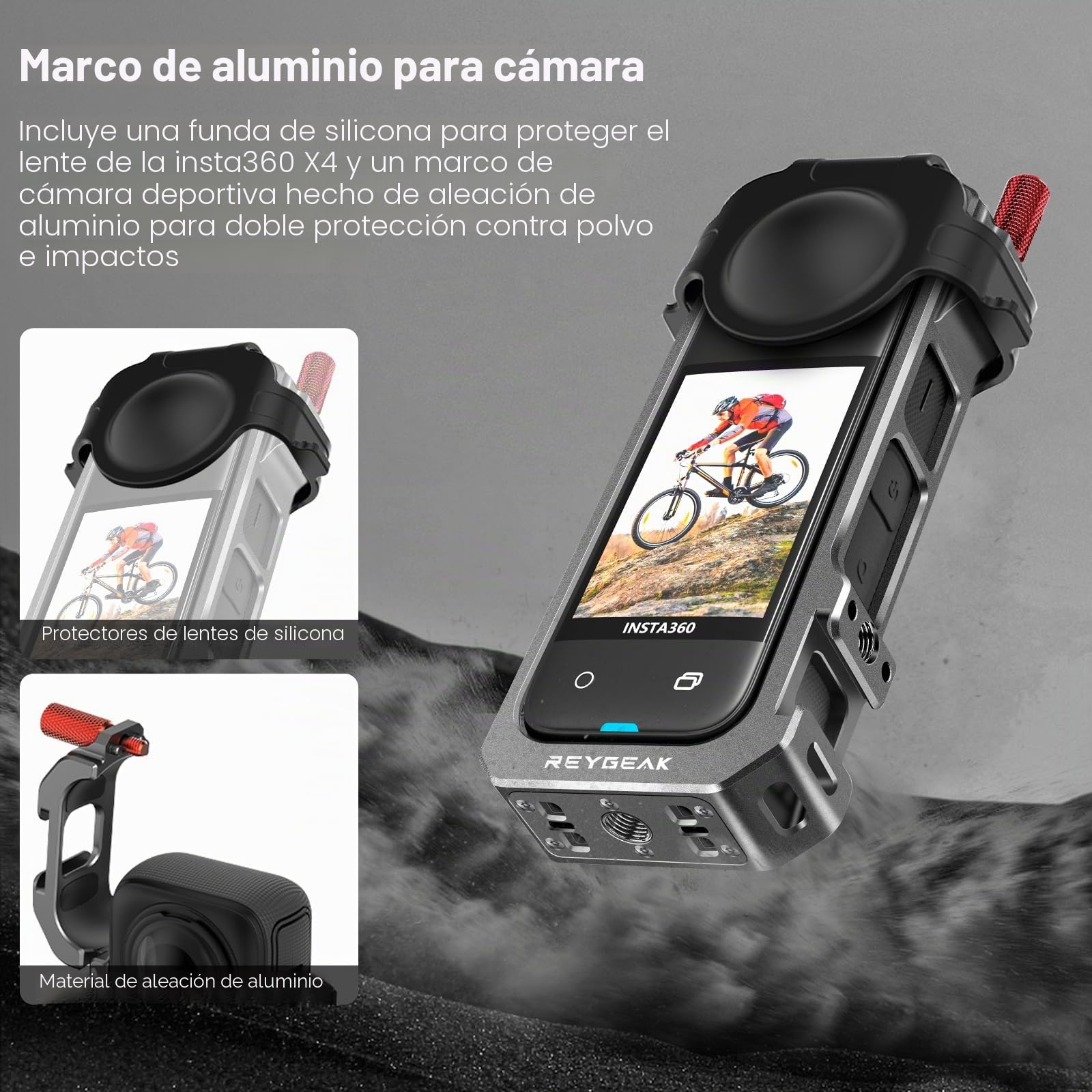 REYGEAK Para jaula Insta360 X4, marco de aluminio para Insta360 X4, soporte de base de cámara de liberación rápida con roscas de 1/4 pulgadas, funda protectora con cubierta de lente de silicona.