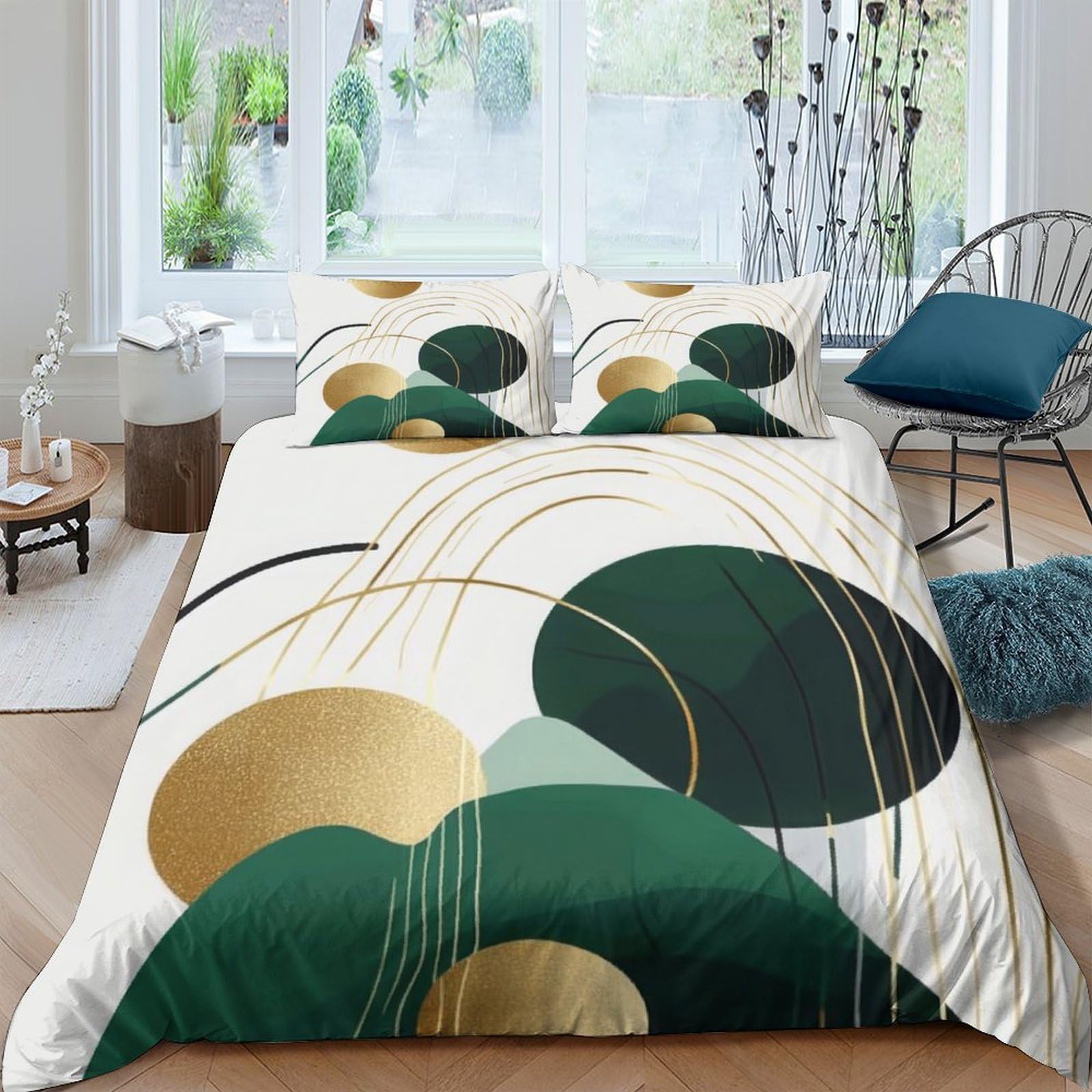 GPLZQXKJNH 3D Printed Abstract Green Gold Duvet Cover Microfiber Breathable Modern Geometric Bedding Set with 2 Pillowcases for Bedroom Decor Single（135x200cm）