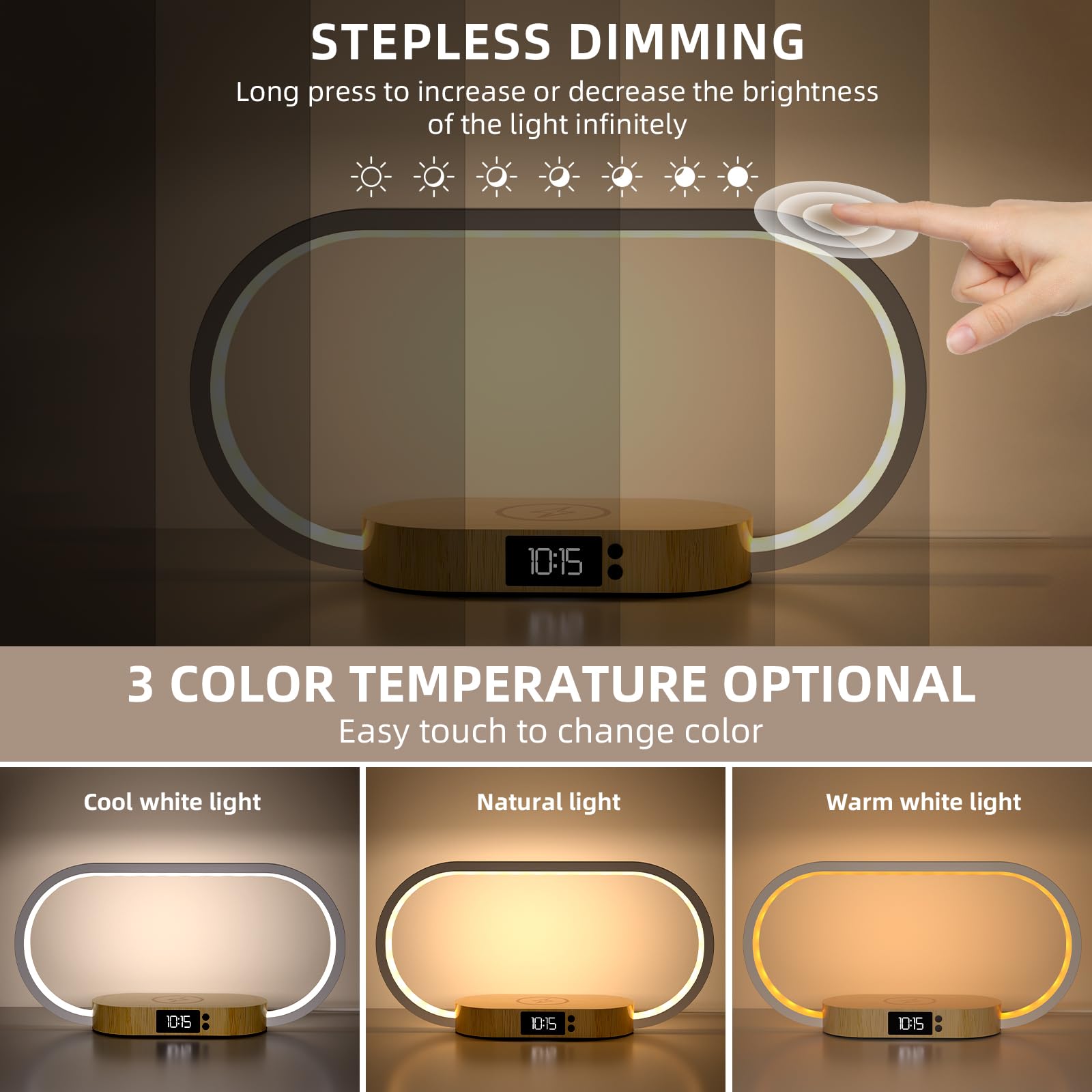 m zimoon Lampada da comodino con caricabatterie wireless veloce, lampada da camera da letto con orologio, lampade da tavolo per comodino, lampade touch per camera da letto, 3 modalità colore