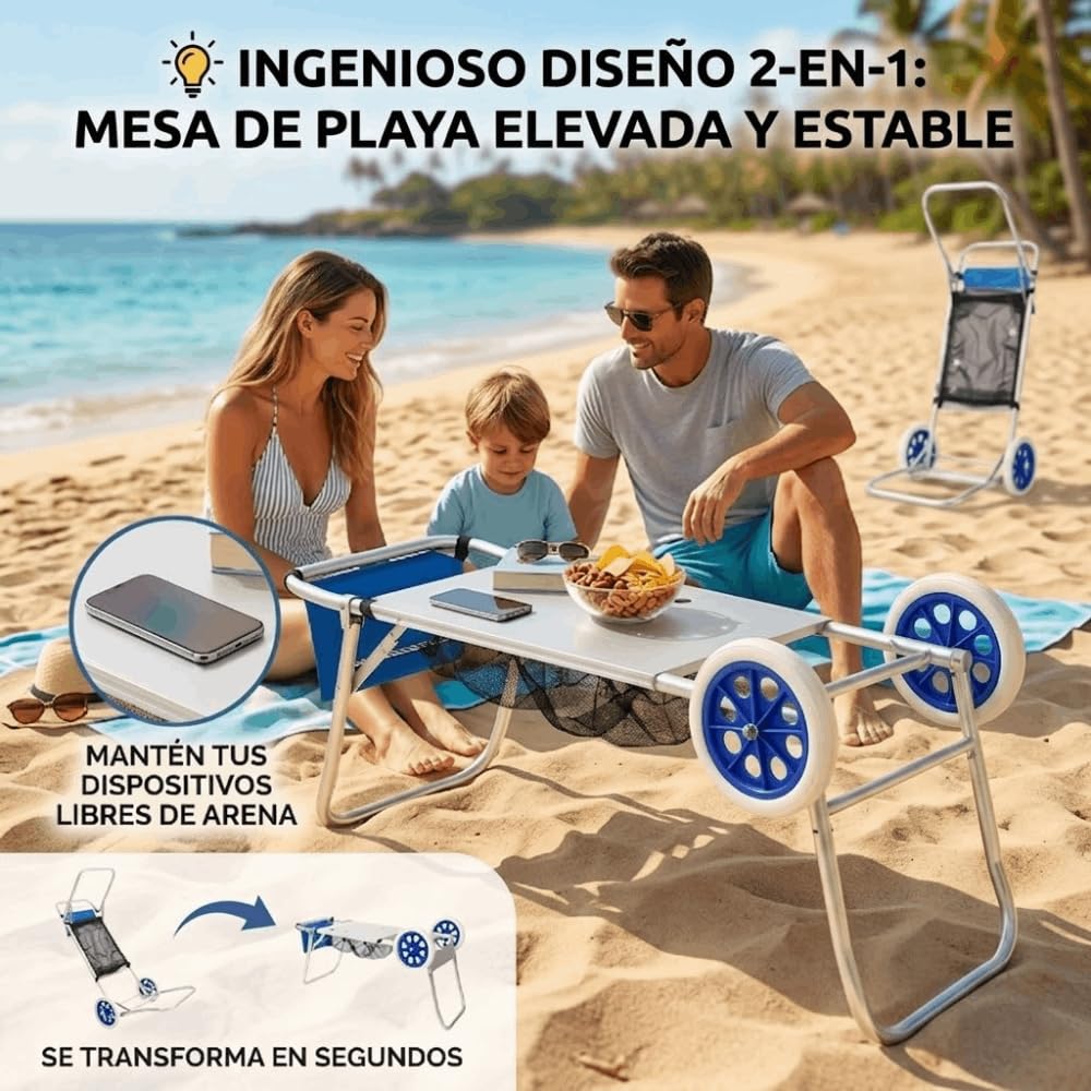 DEVESSPORT Carro de Playa Multifunción Convertible en Mesa Plegable | Ruedas Grandes, Aluminio Ligero, Bolsa de Red y Diseño Compacto para Transporte y Comodidad en la Playa o Camping