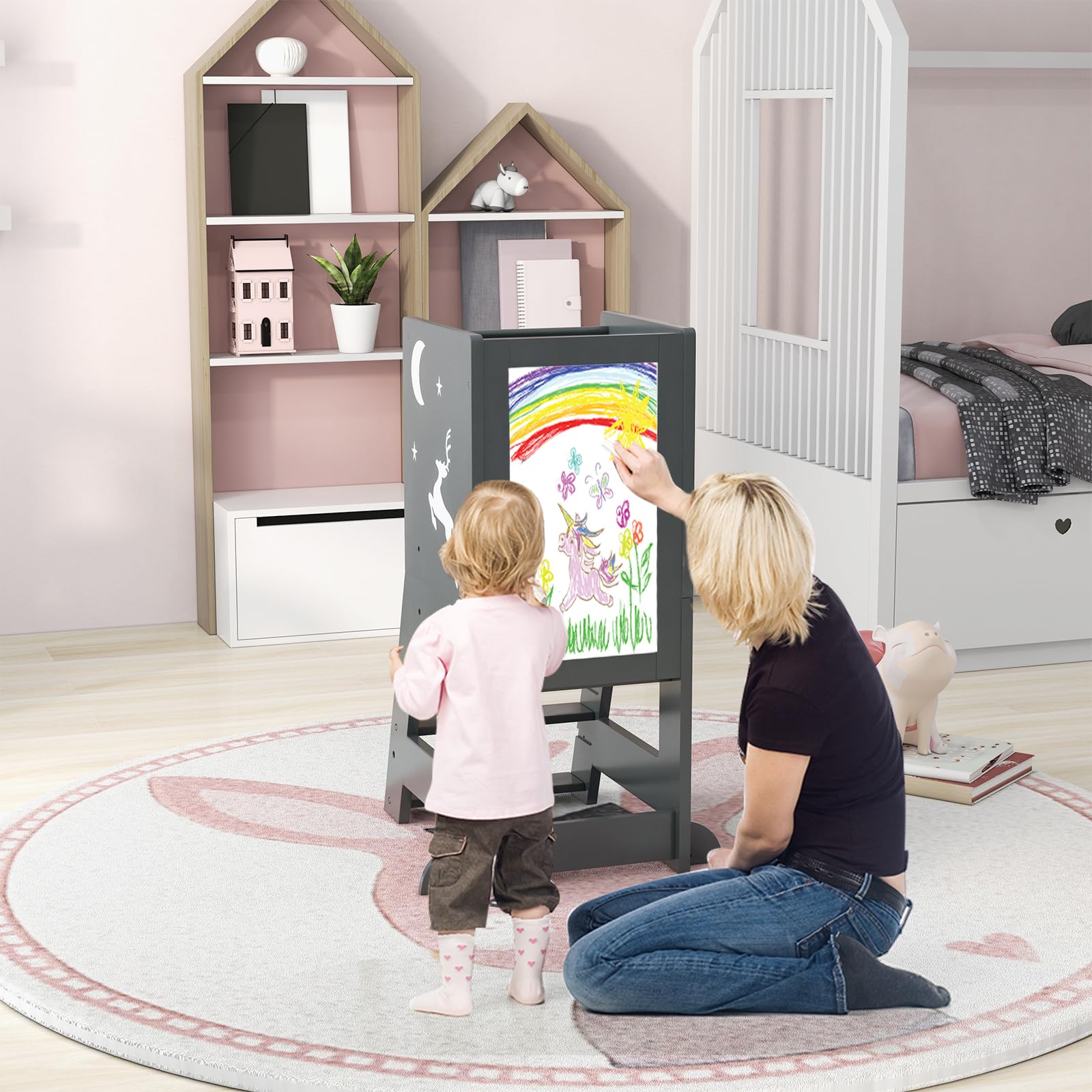 COSTWAY Wieża edukacyjna dla dzieci, 2 w 1, stołek do stąpania Montessori z 3 regulowanymi wysokościami i dwustronną tablicą, stołek z 3 bolcami, pomocnik kuchenny dla dzieci od 1 lat, obciążenie 70