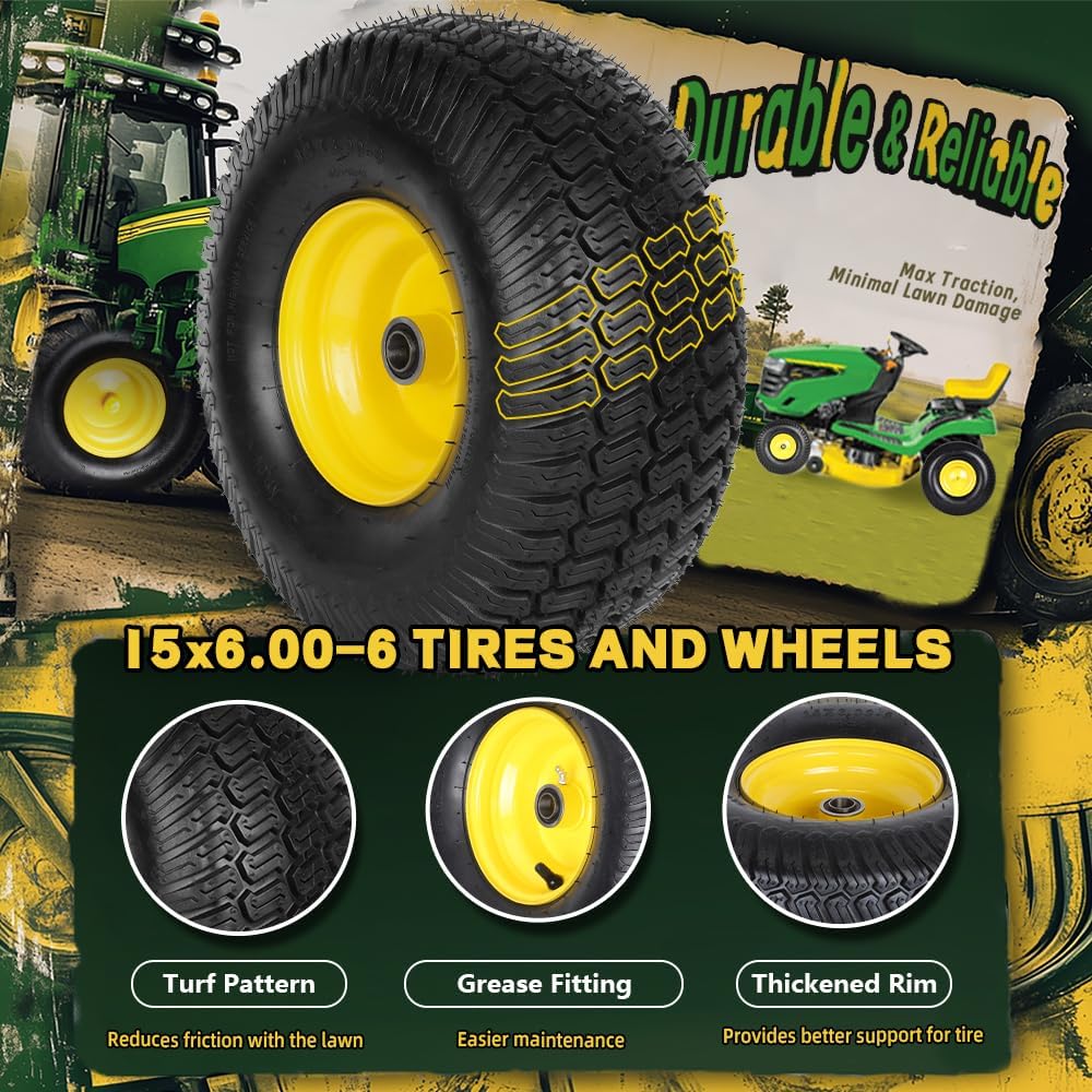 (1 Pack) 15x6.00-6nhs Lawn Mower Tires,15" x 6.00-6" Front Tire and Wheel Assemblies,3" Centered Hub and 3/4" Bearings, 4Ply Tubeless,Fit Most Riding Mowers and Lawn Tractors