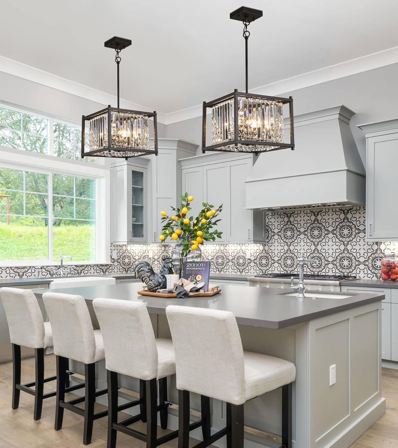 Q&S Modern Chandelier,Farmhouse Industrial Black Square Crystal Chandeliers 4 Lights Hanging Pendant Light Fixture for Dining Room Hallway Entryway Kitchen Island UL Listed