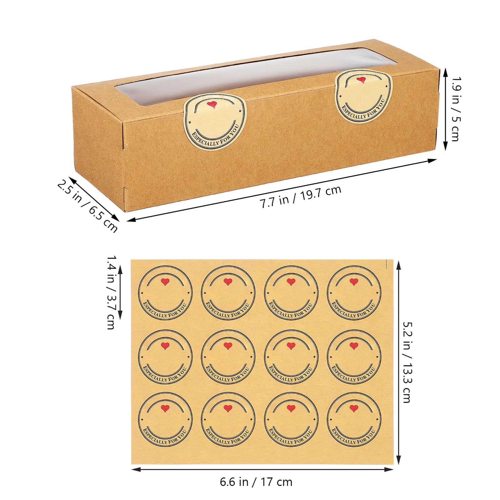 Cajas Pequeñas para Macarons de Cartón Kraft Natural con Ventana Transparente Paquete de 50 Unidades con 7 Hojas de 105 Etiquetas Adhesivas Ideales para Repostería Pasteles y