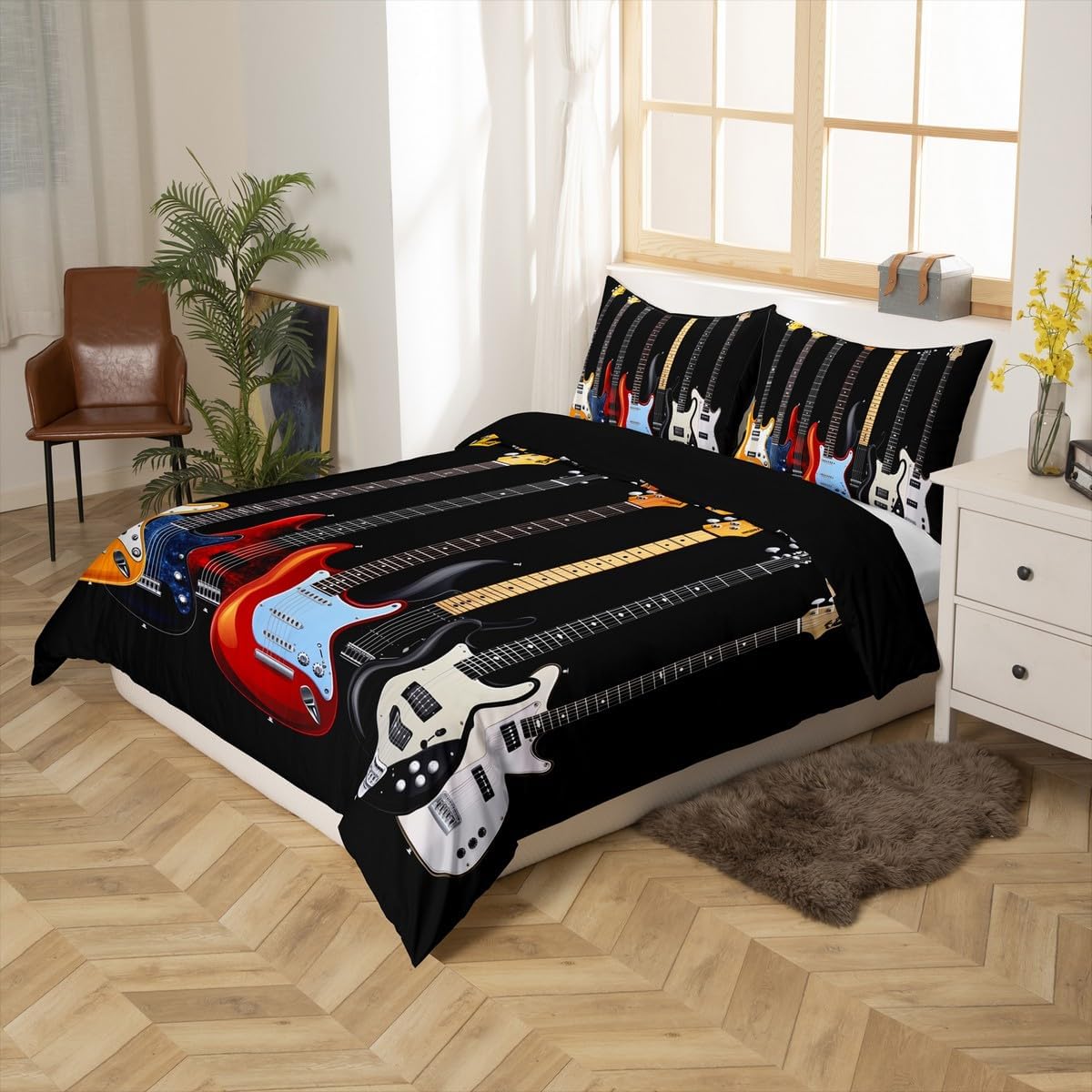 Guitar Printed Bedding Set Teens Rock Music Themed Duvet Cover for Kids Children Adults Colorful Musical Pattern Comforter Cover Hip Hop Stripe Style Bedspread Cover Bedroom Decor 2Pcs Twin Size