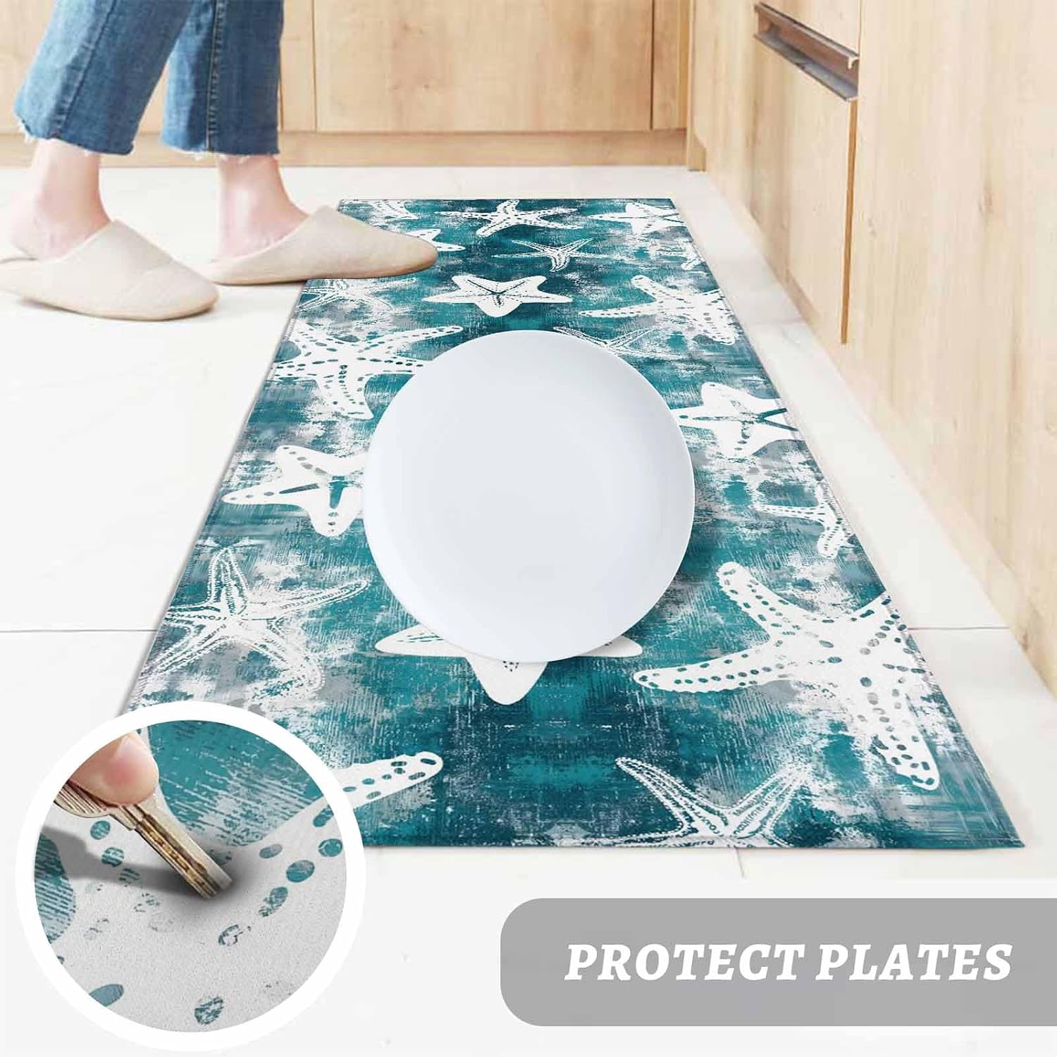 Teamery Kitchen Mats for Floor Turquoise Ombre Abstract Starfish Washable Non Slip Kitchen Rugs 1PCS, Summer Ocean Absorbent Standing Mats for Sink Bathroom Office Living Room 15.7x47.2in