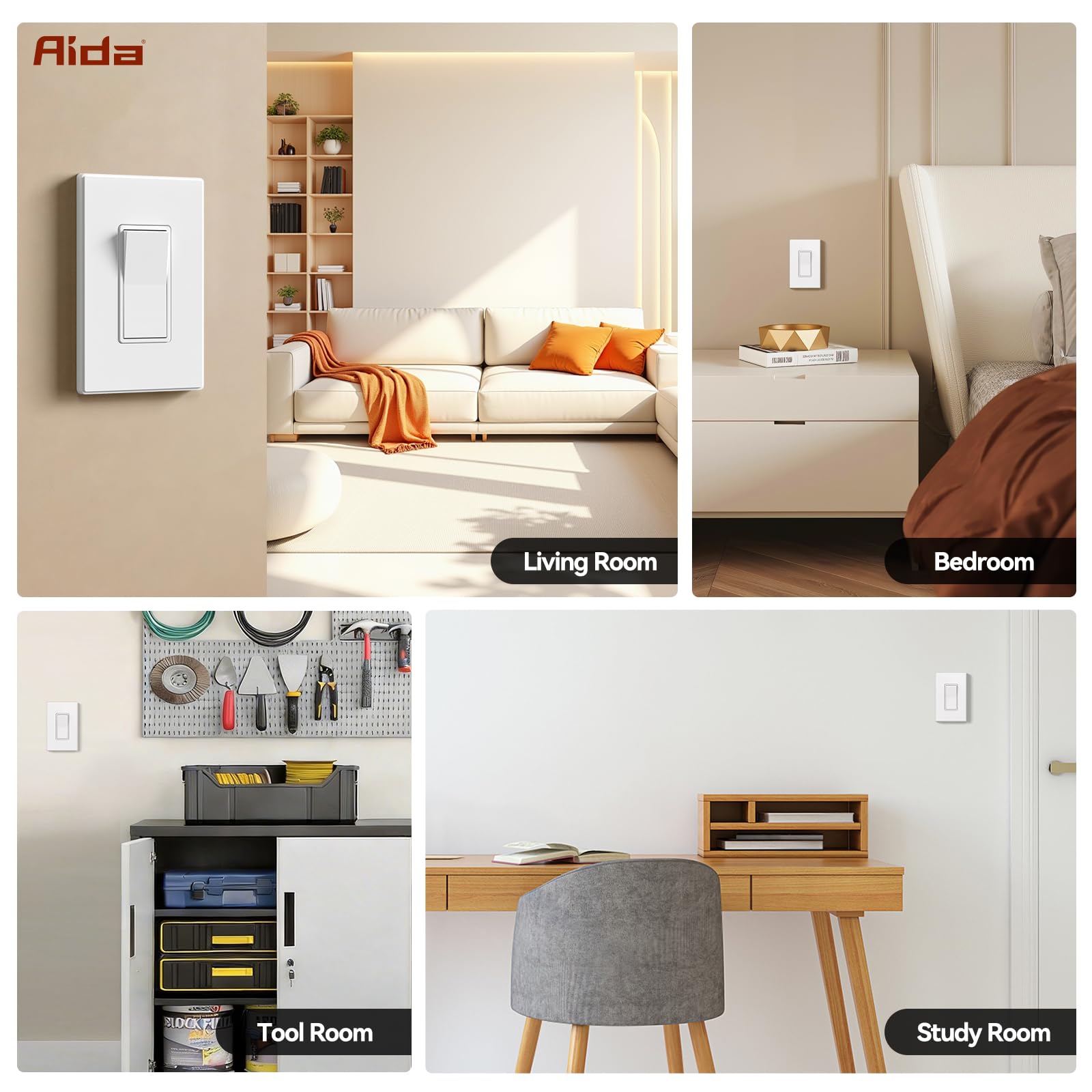 AIDA Interruptor de luz blanco mate de un solo polo con cubierta de placa de pared sin tornillos, 15 amperios, 120/277 V, repuesto de interruptor basculante de pala, interruptor de pared de encendido