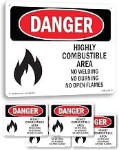 Highly Combustible Area No Welding Burning OSHA Danger Rigid Plastic Sign 14 Inch x 10 Inch - 5 Pack