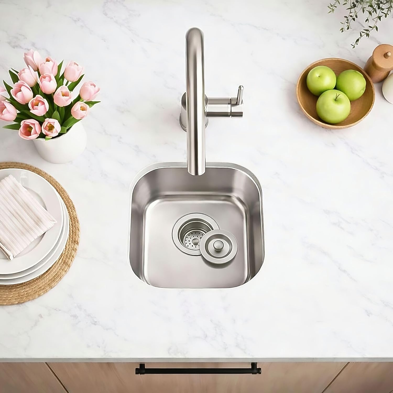 ORLANDO 13x13 inch Undermount Bar Sink – 18 Gauge 304 Stainless Steel Single Bowl small Kitchen Sink with Basket Strainer for Wet Bar, RV & Kitchen Island